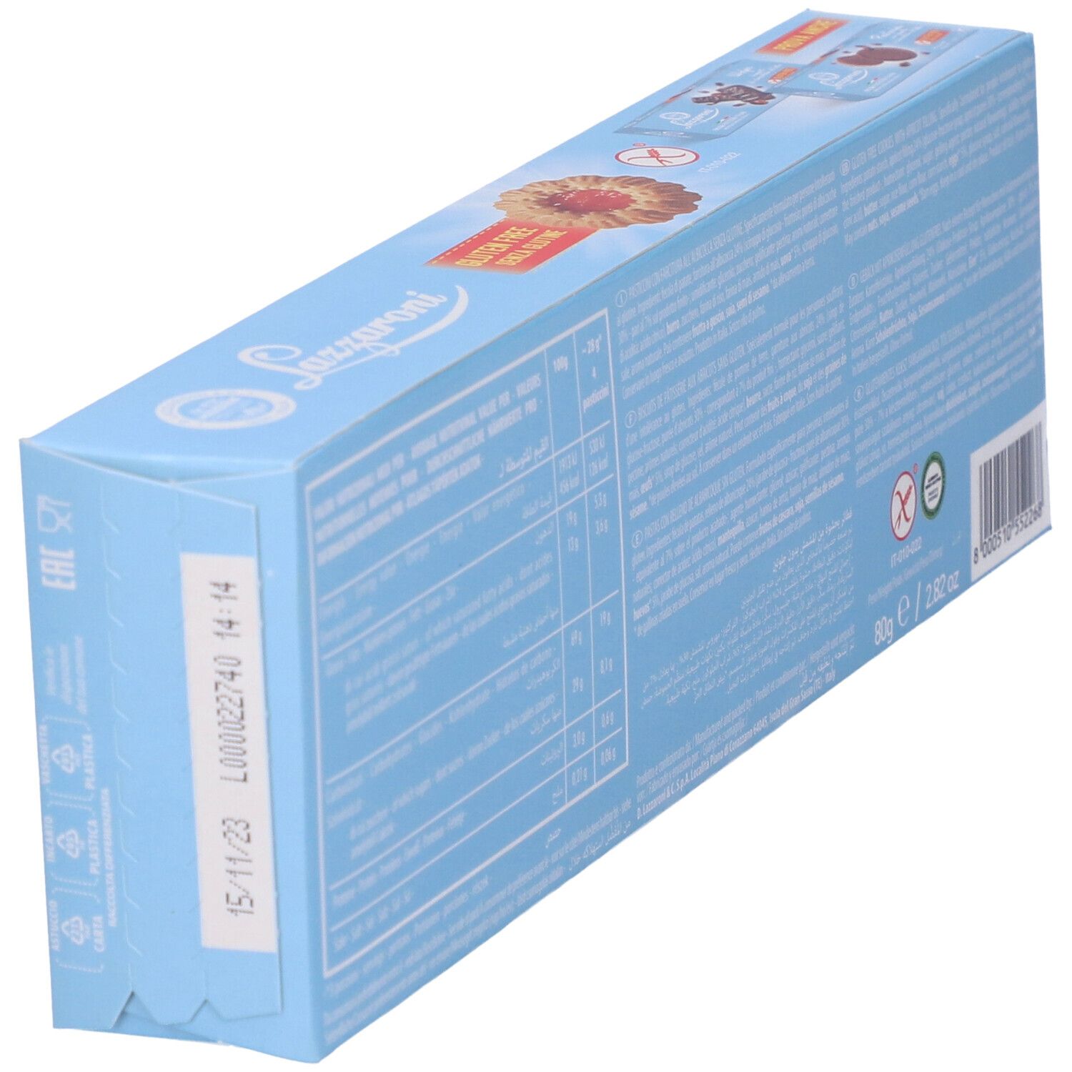 Scatola azzurra obliqua. Scritta e testo. Data stampata: 15/11/23. Peso: 80g / 2.82 oz.