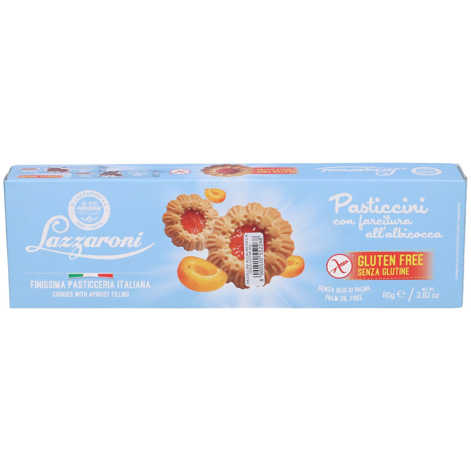 Scatola azzurra con biscotti e albicocche. Scritta: Pasticcini con farcitura all'albicocca, senza glutine. Marchio: Lazzaroni. 80g / 2.82 oz.