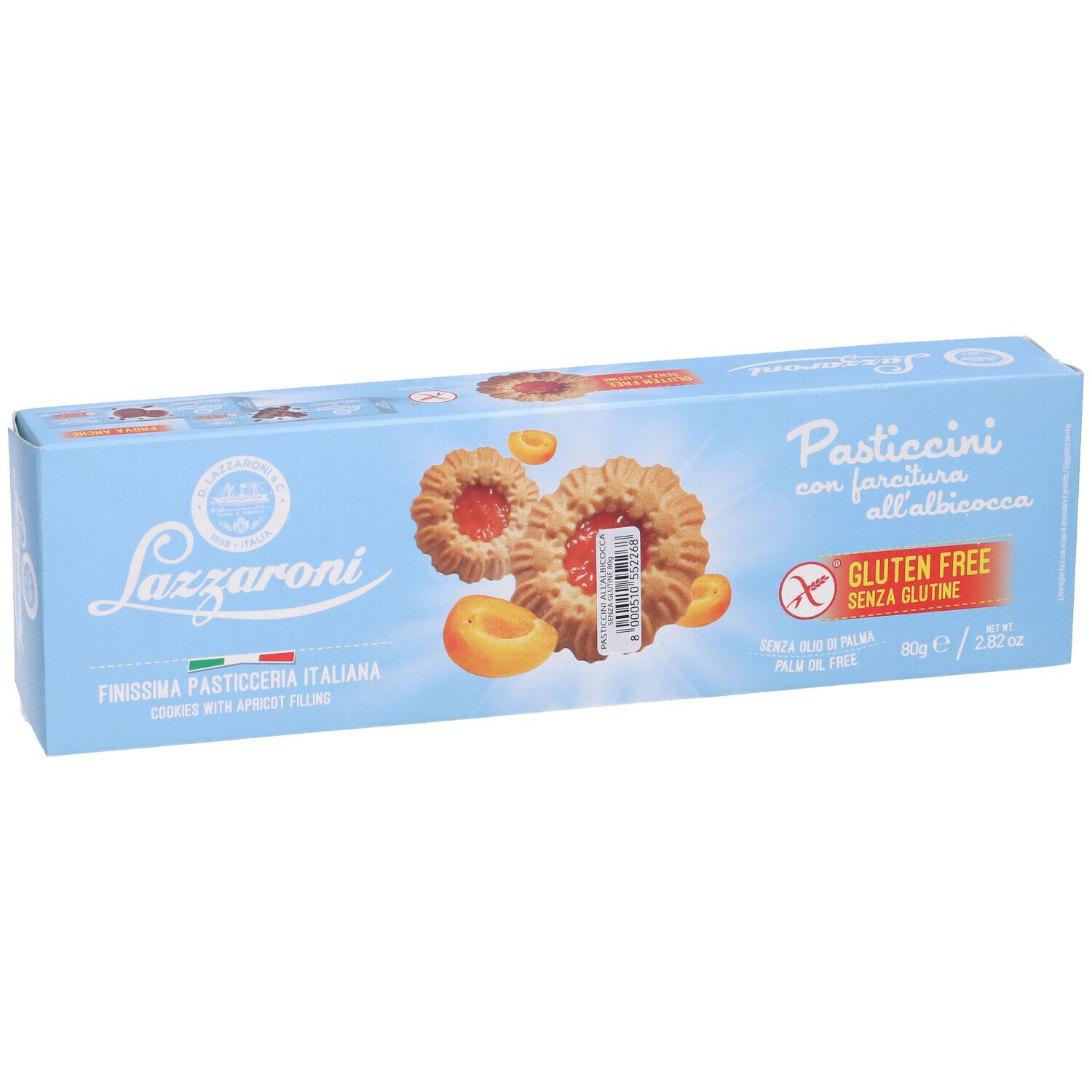 Scatola azzurra con biscotti e albicocche. Scritta: Pasticcini con farcitura all'albicocca, senza glutine. Marchio: Lazzaroni. 80g / 2.82 oz.