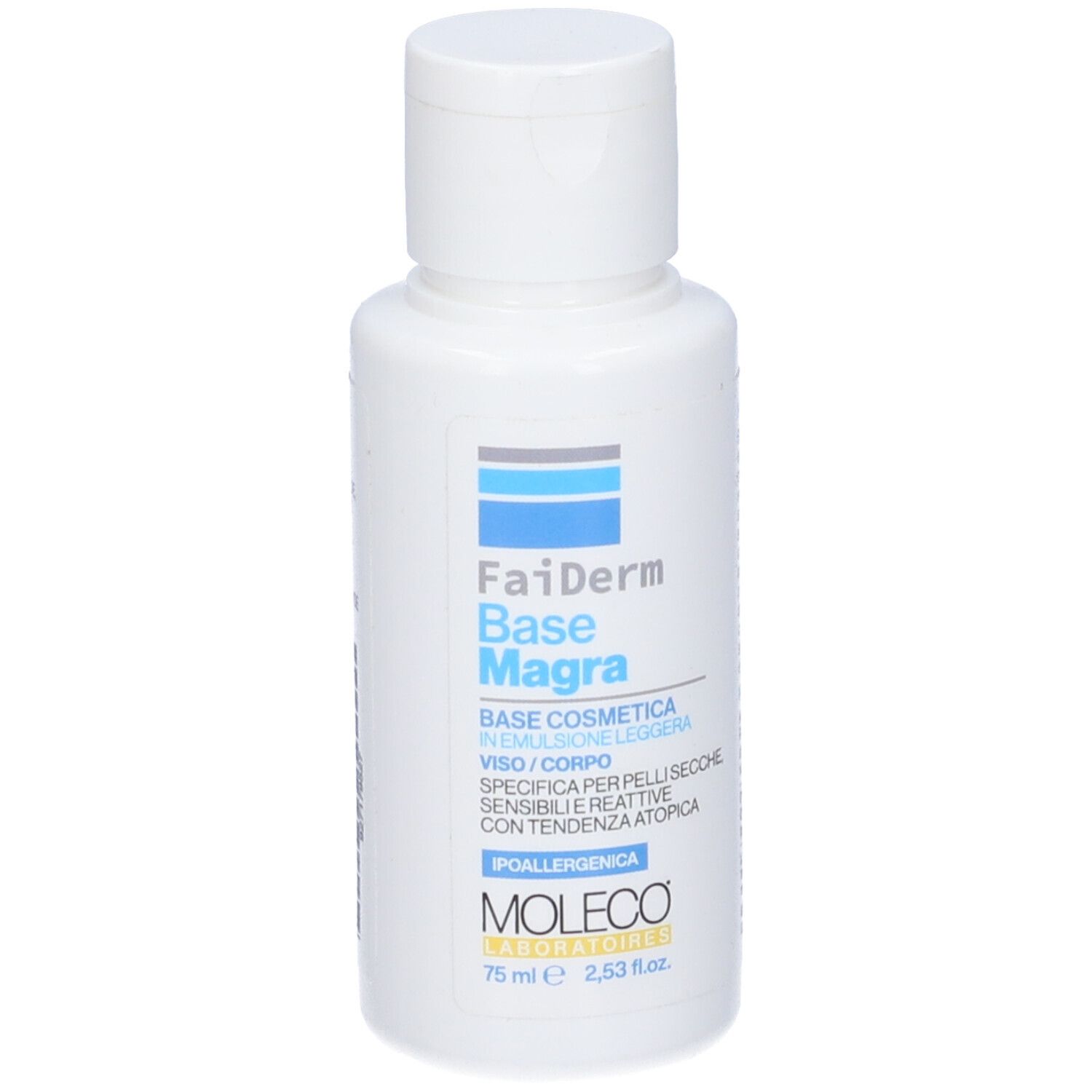 Flacone bianco con strisce blu-grigie e testo. Nome prodotto: Faiderm Base Magra. Contiene 75 ml.