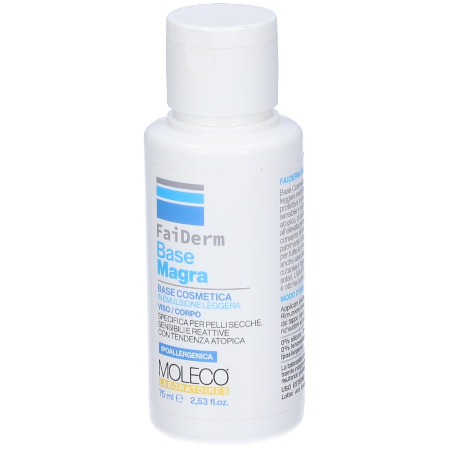 Flacone bianco con strisce blu-grigie e testo. Nome prodotto: Faiderm Base Magra. Contiene 75 ml.
