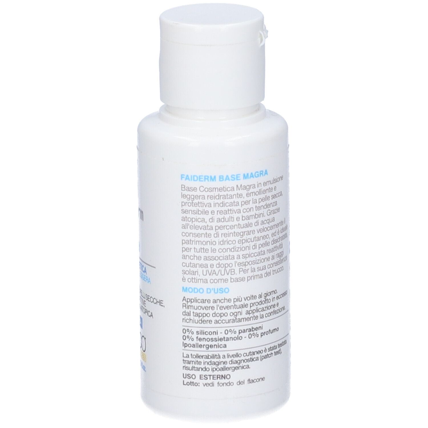 Flacone bianco con testo. Retro del prodotto. Contiene istruzioni per l'uso e ingredienti.