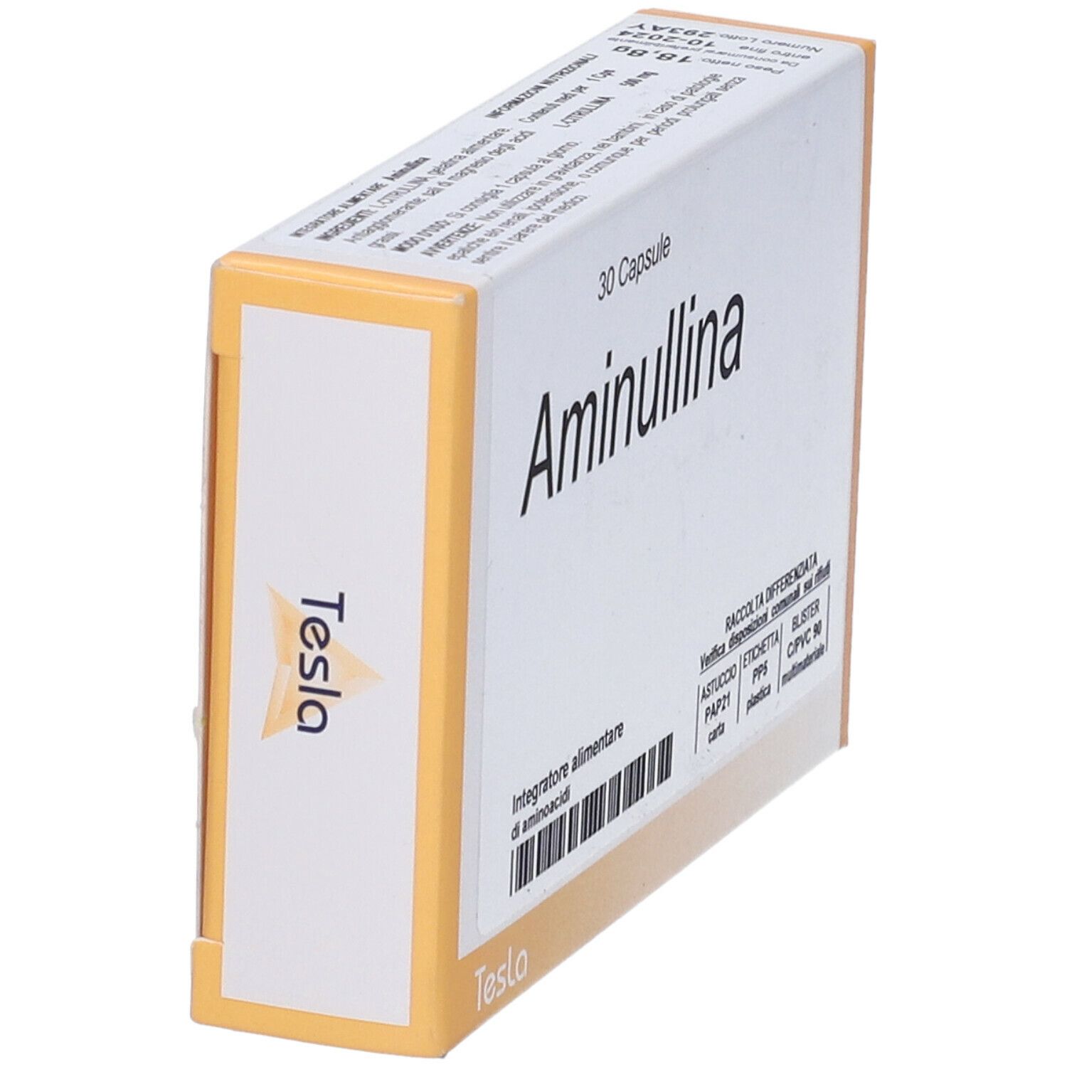 Scatola bianca Aminullina, 30 capsule. Marchio Tesla. Accenti gialli. Testo italiano.