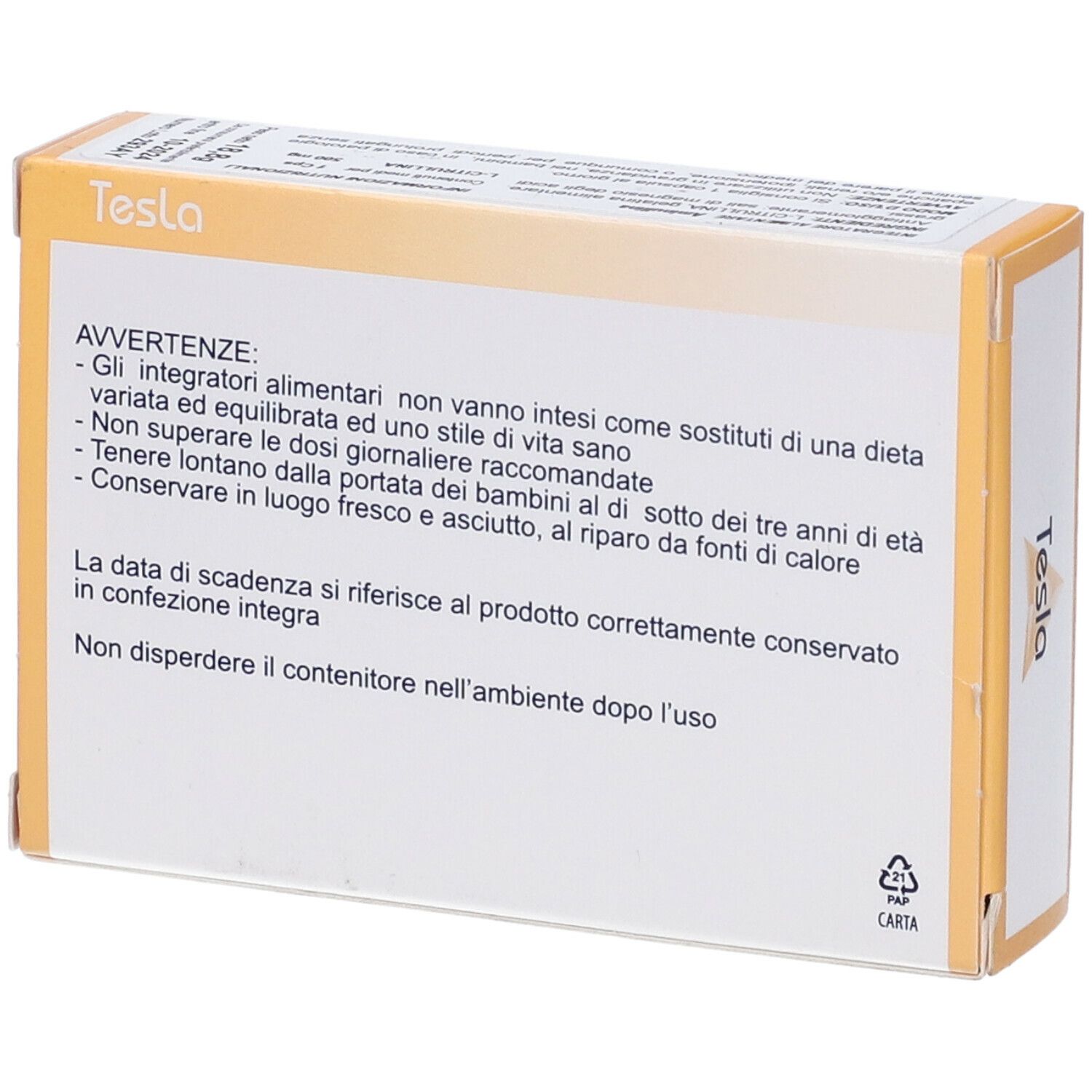 Retro scatola Aminullina. Testo italiano. Marchio Tesla. Simbolo riciclo.