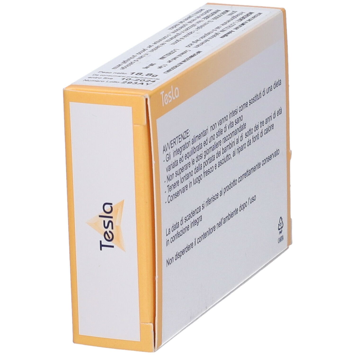 Retro scatola Aminullina. Testo italiano. Marchio Tesla. Simbolo riciclo.