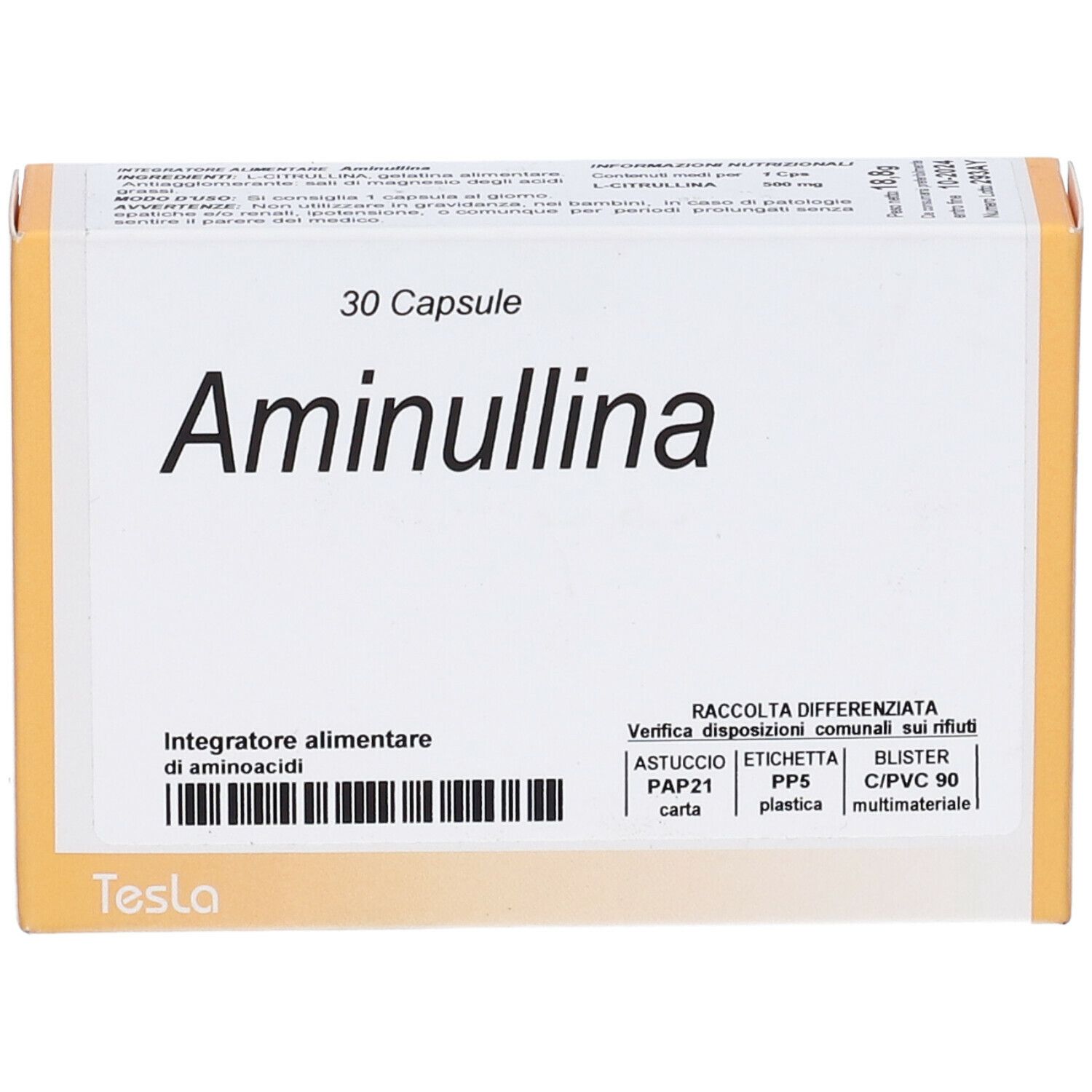 Scatola bianca Aminullina, 30 capsule. Testo italiano. Marchio Tesla. Informazioni riciclo.