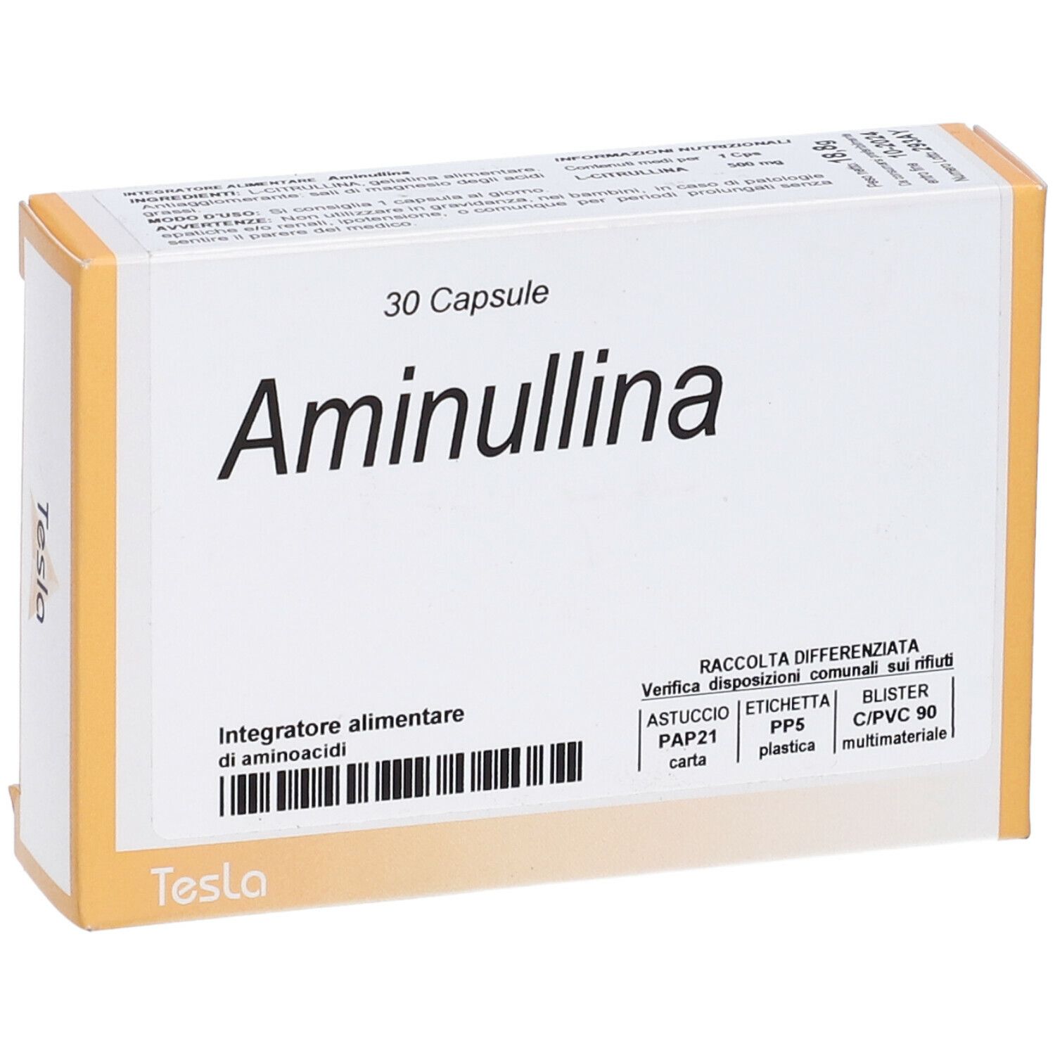 Scatola bianca Aminullina, 30 capsule. Testo italiano. Marchio Tesla. Informazioni riciclo.