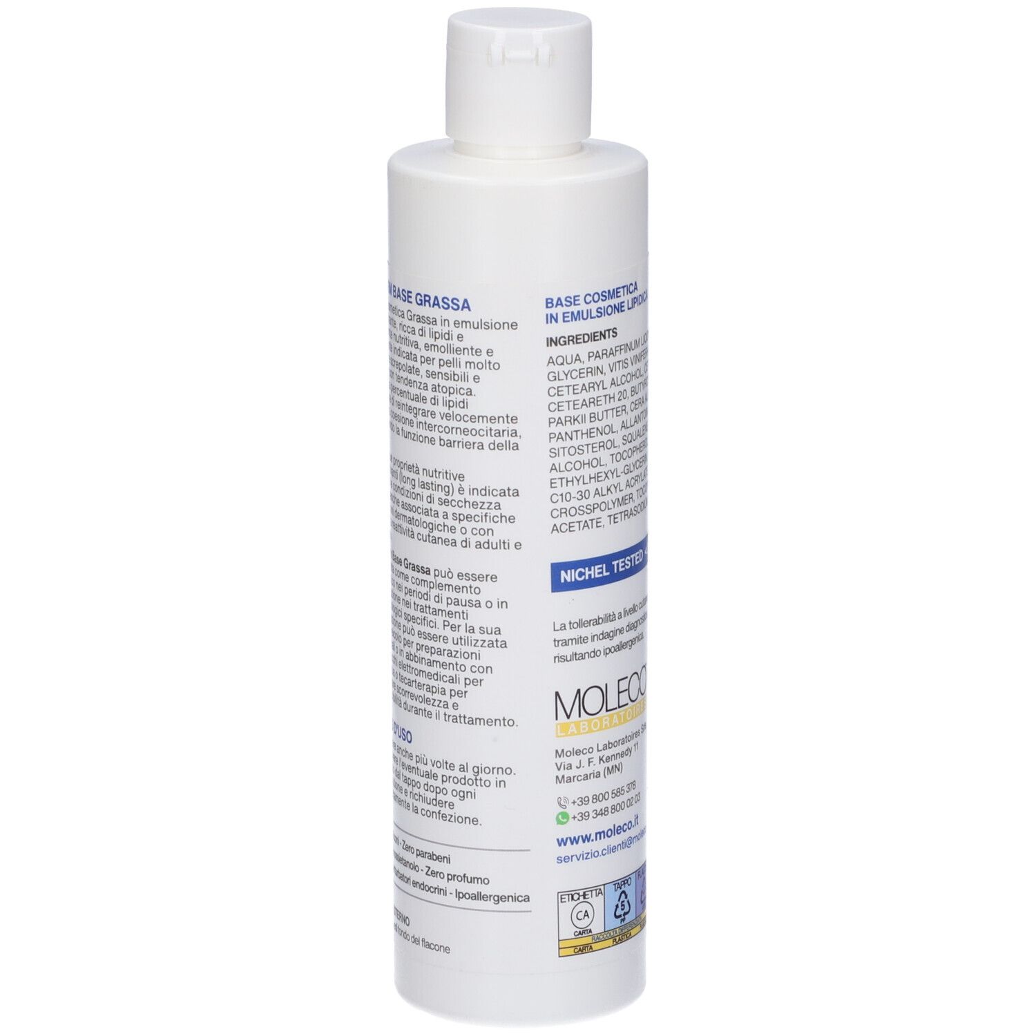 Retro del flacone bianco con testo. Ingredienti, informazioni produttore e simboli riciclo.