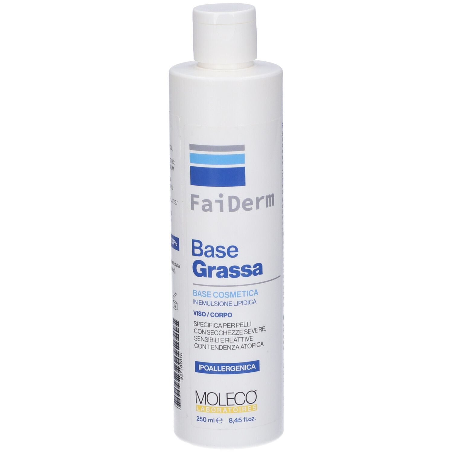 Flacone bianco con strisce blu e grigie. Scritta: Faiderm Base Grassa. 250 ml.