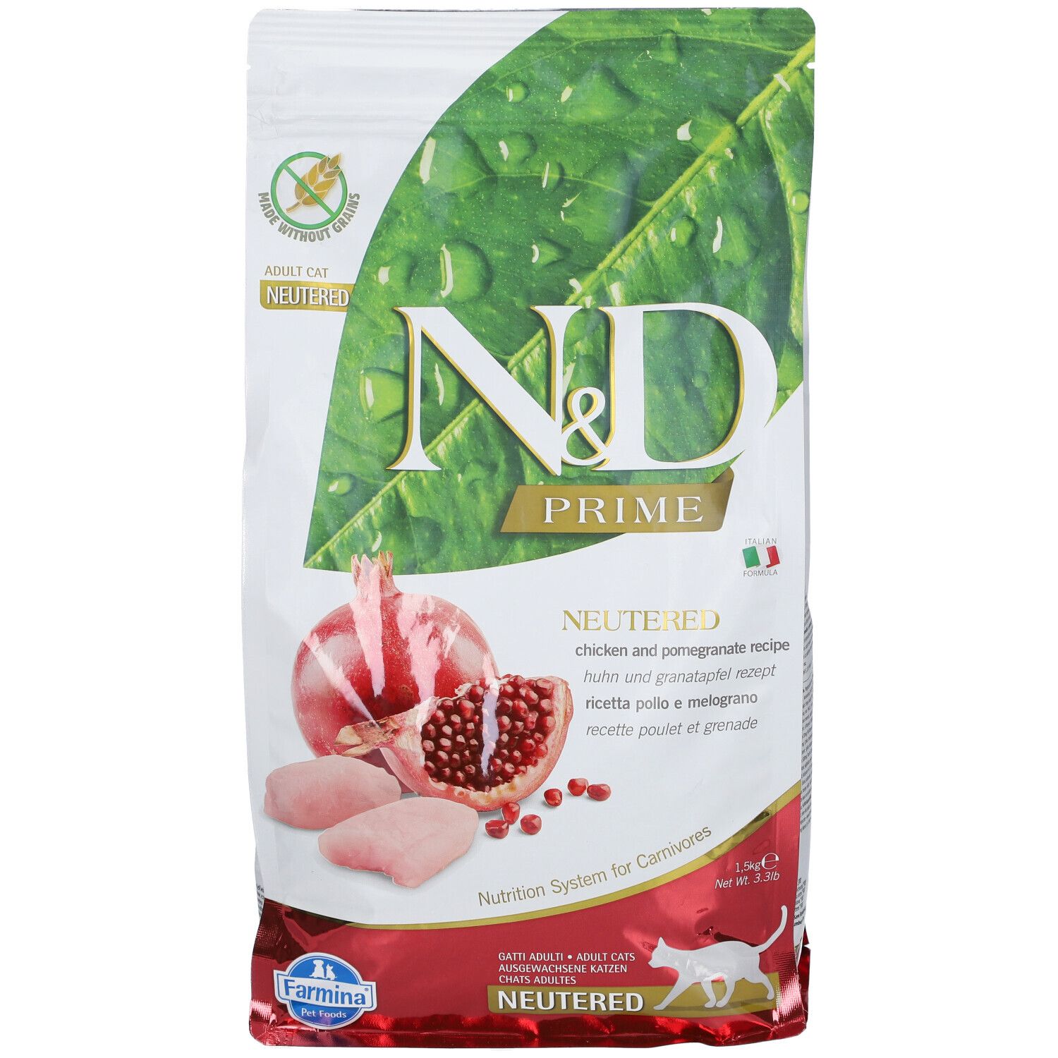 Sacchetto di cibo secco. N&D Prime, Neutered, Gatto adulto. Melograno, pollo e foglie illustrati. Testo in tedesco, italiano, francese.