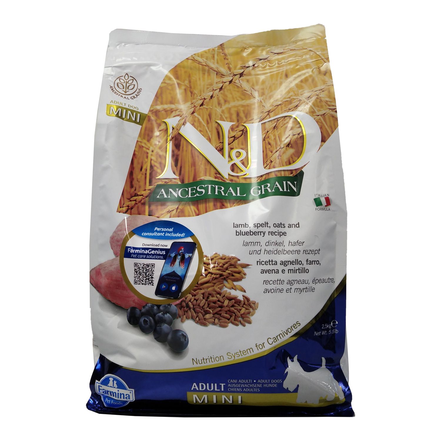 Sacchetto di cibo secco. Scritta: N&D Ancestral Grain, Mini, ingredienti, illustrazioni, codice QR. Bandiera italiana.
