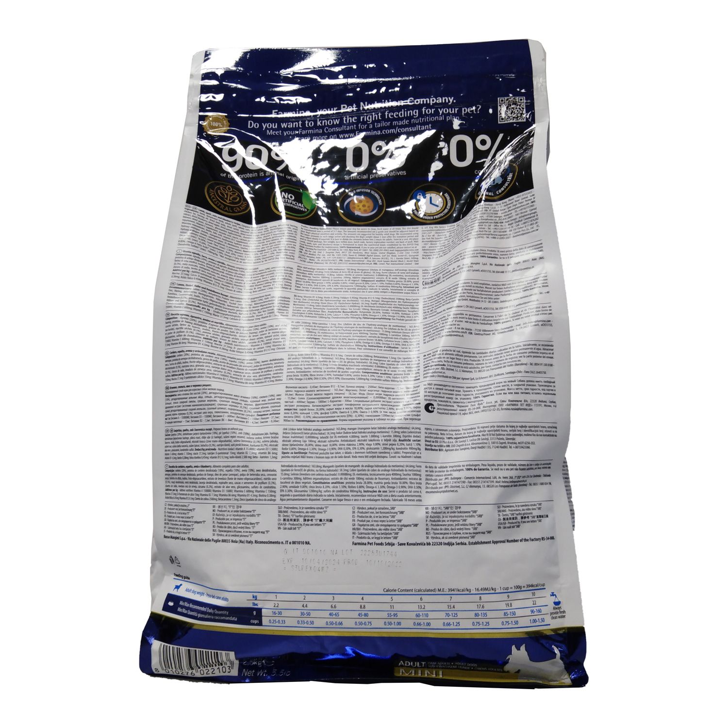 Retro del sacchetto di cibo secco. Testo, tabelle, loghi. 99% proteine animali, 0% cereali, 0% conservanti artificiali.