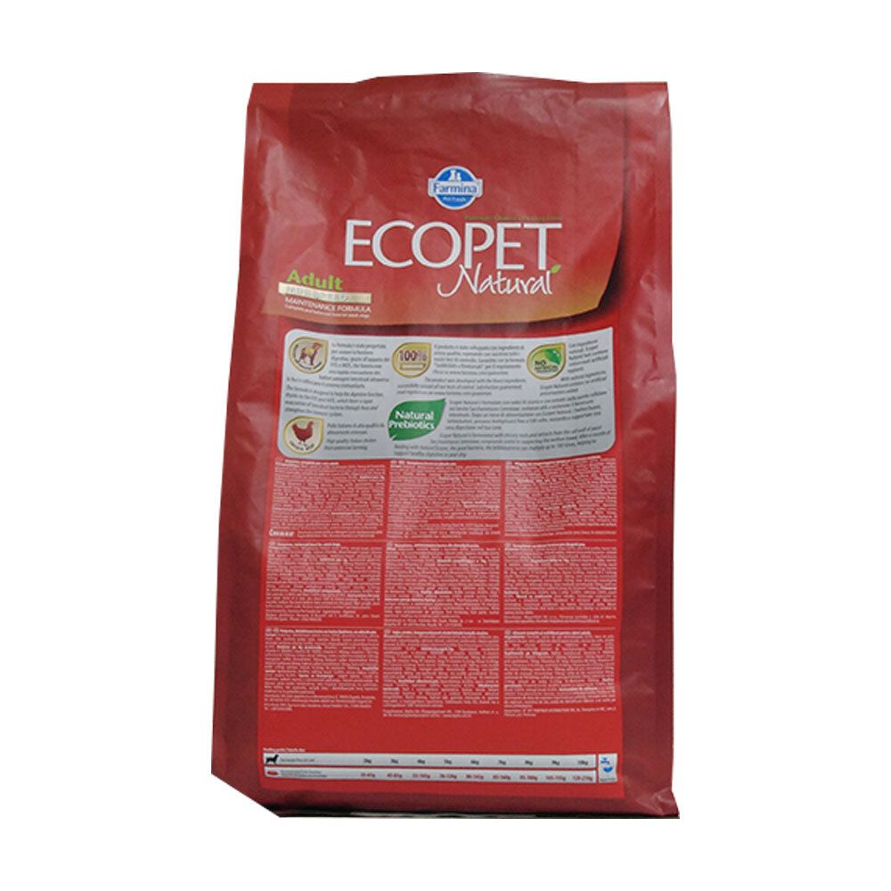 Confezione rossa Farmina ECOPET Natural Adult Mini. Vista laterale. Testo: ECOPET Natural, Adult, Natural Probiotics.