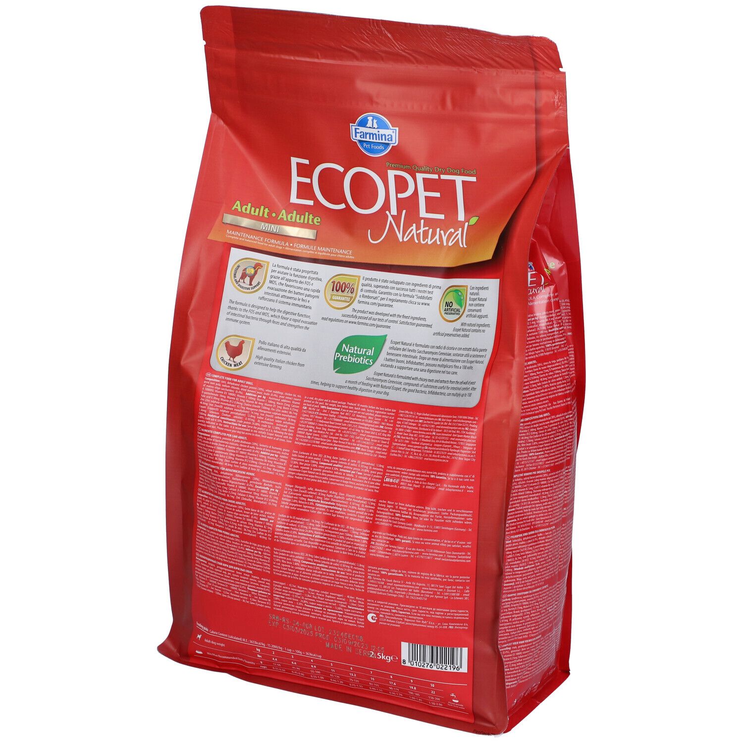 Retro della confezione rossa Farmina ECOPET Natural Adult Mini. Testo: ECOPET Natural, Adult, Natural Probiotics.