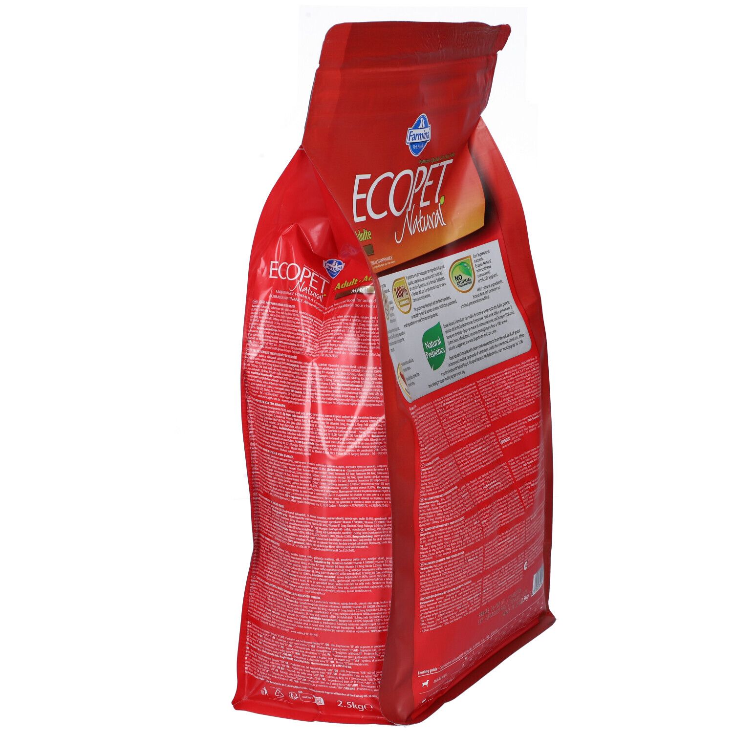 Retro della confezione rossa Farmina ECOPET Natural Adult Mini. Vista laterale. Testo: ECOPET Natural, Adult, Natural Probiotics.