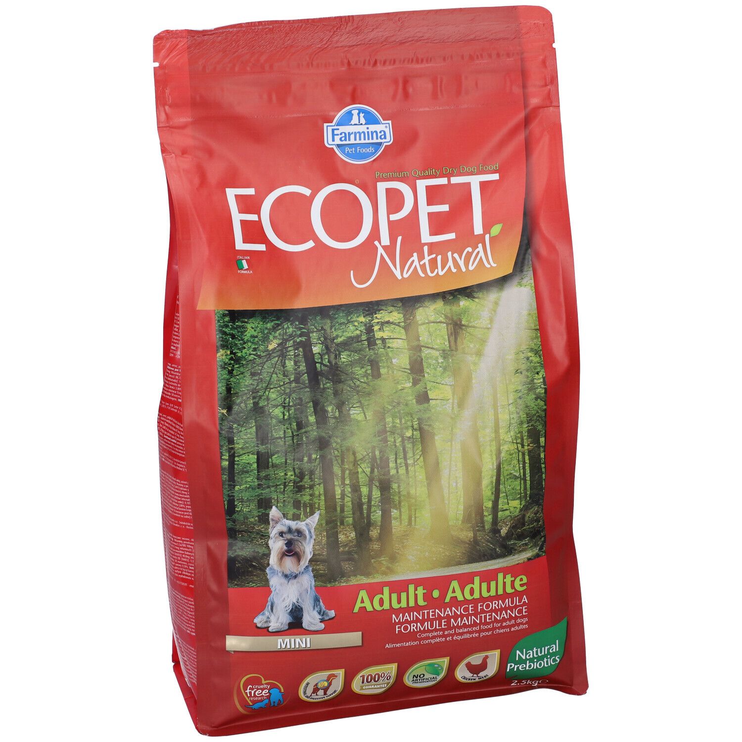Confezione rossa Farmina ECOPET Natural Adult Mini. Immagine di un cane. Testo: Adult, Natural Probiotics.