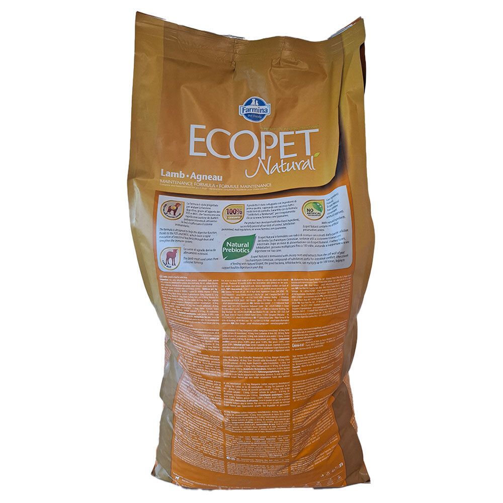 Sacchetto ECOPET Natural, agnello. Retro con testo e loghi. Contiene Natural Prebiotics. Sigillo: 100% Natural.