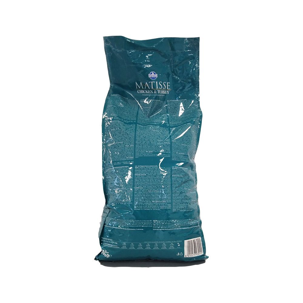 Retro del sacchetto Farmina Matisse. Testo multilingue. Scritto: Matisse Chicken & Turkey.