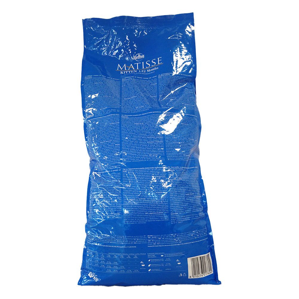 Retro del sacchetto di cibo per gatti. Testo: Matisse Kitten 1-12 mesi. Confezione blu con testo.