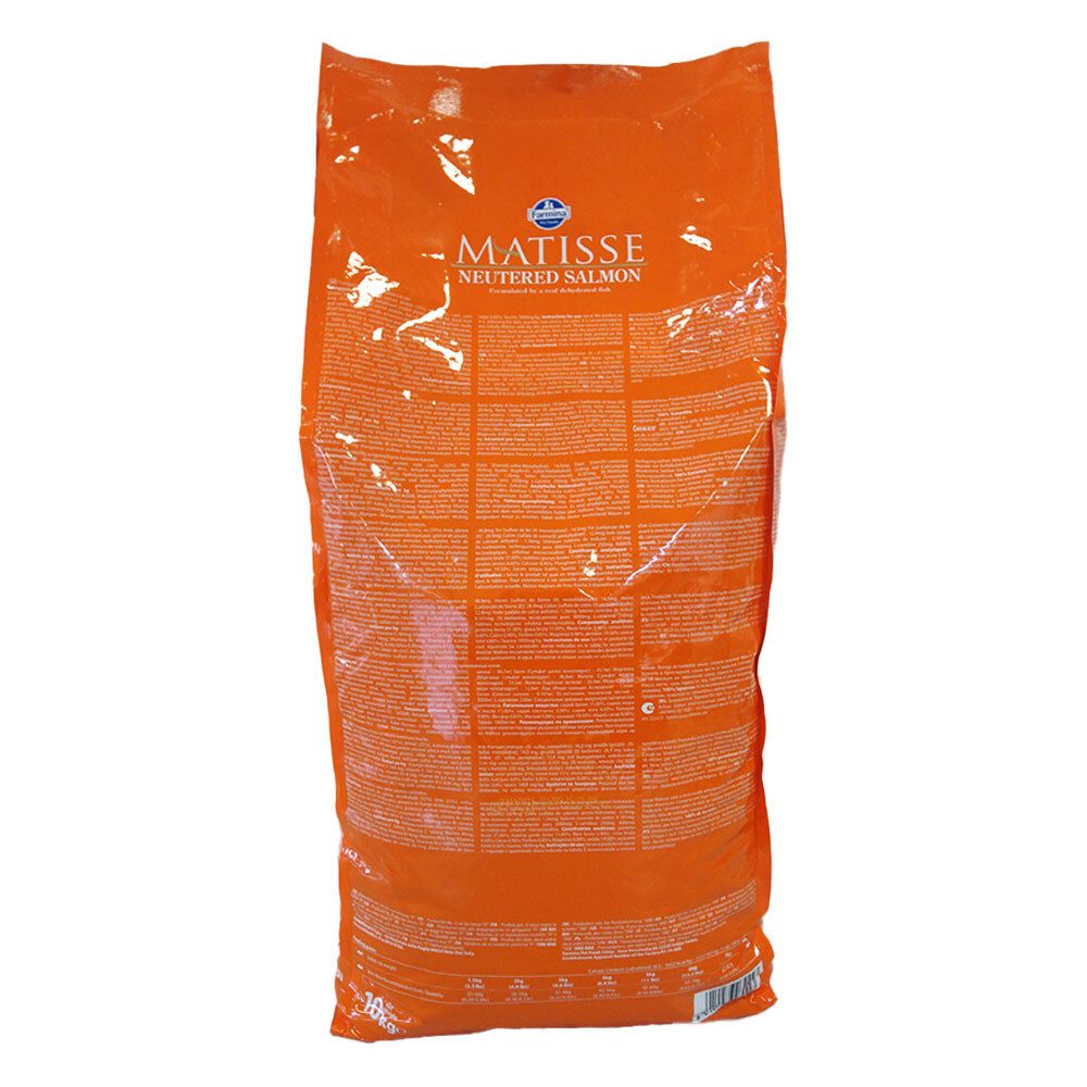 Sacchetto di cibo per gatti arancione. Testo: Matisse Neutered Salmon. Retro con testo. Logo Farmina.