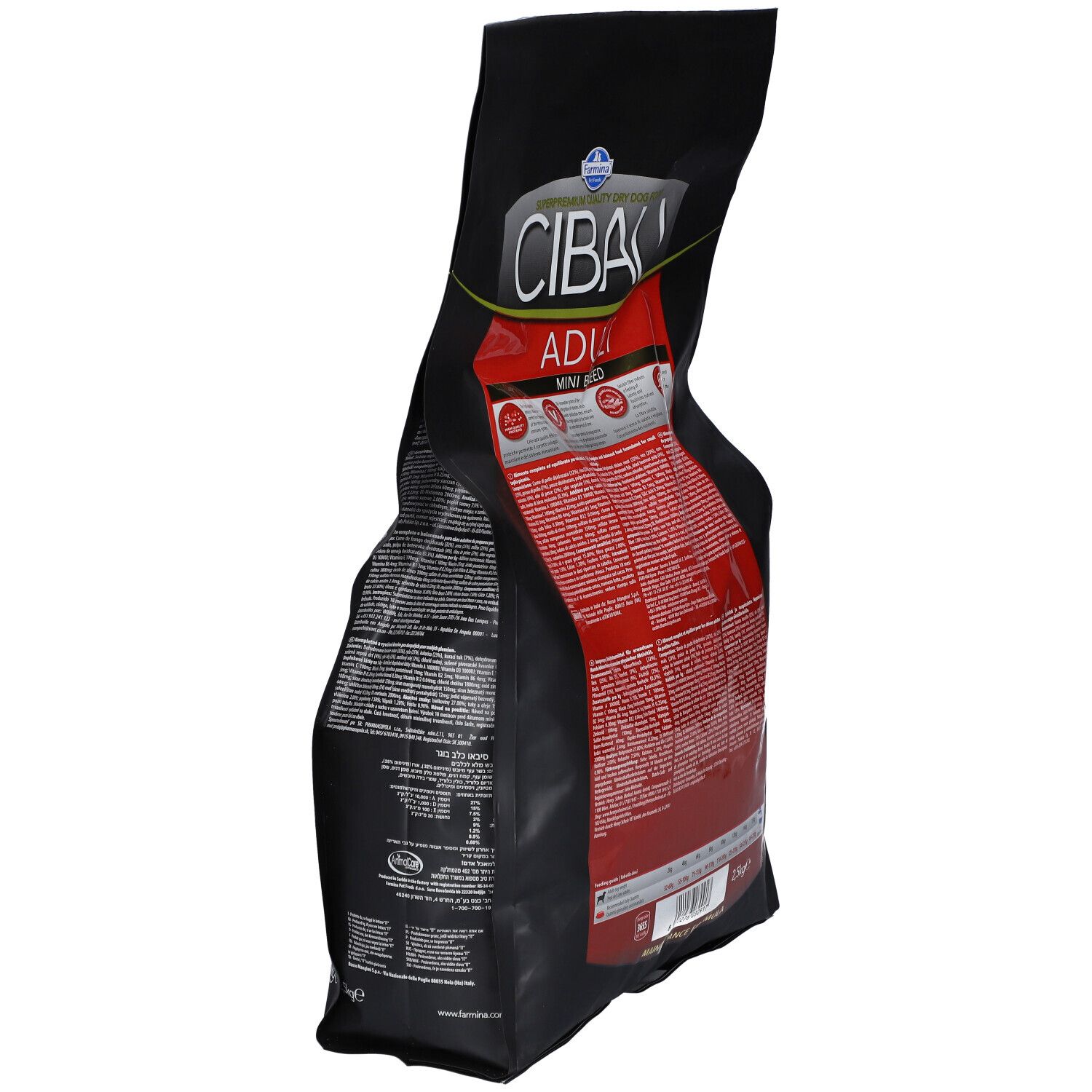 Sacchetto nero CIBAU Adult Mini cibo per cani. Campi di testo rossi. Testo: CIBAU, Adult, 2,5 kg.