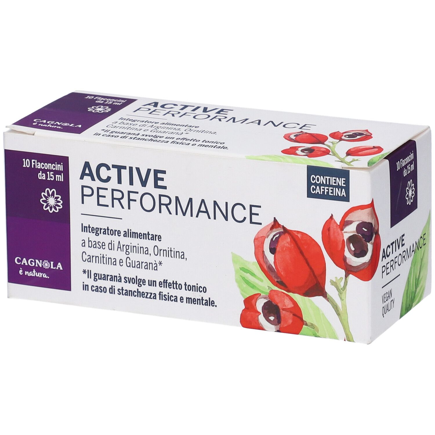 Confezione Active Performance, 10 flaconcini. Scritta: Contiene caffeina. Vegan Quality.