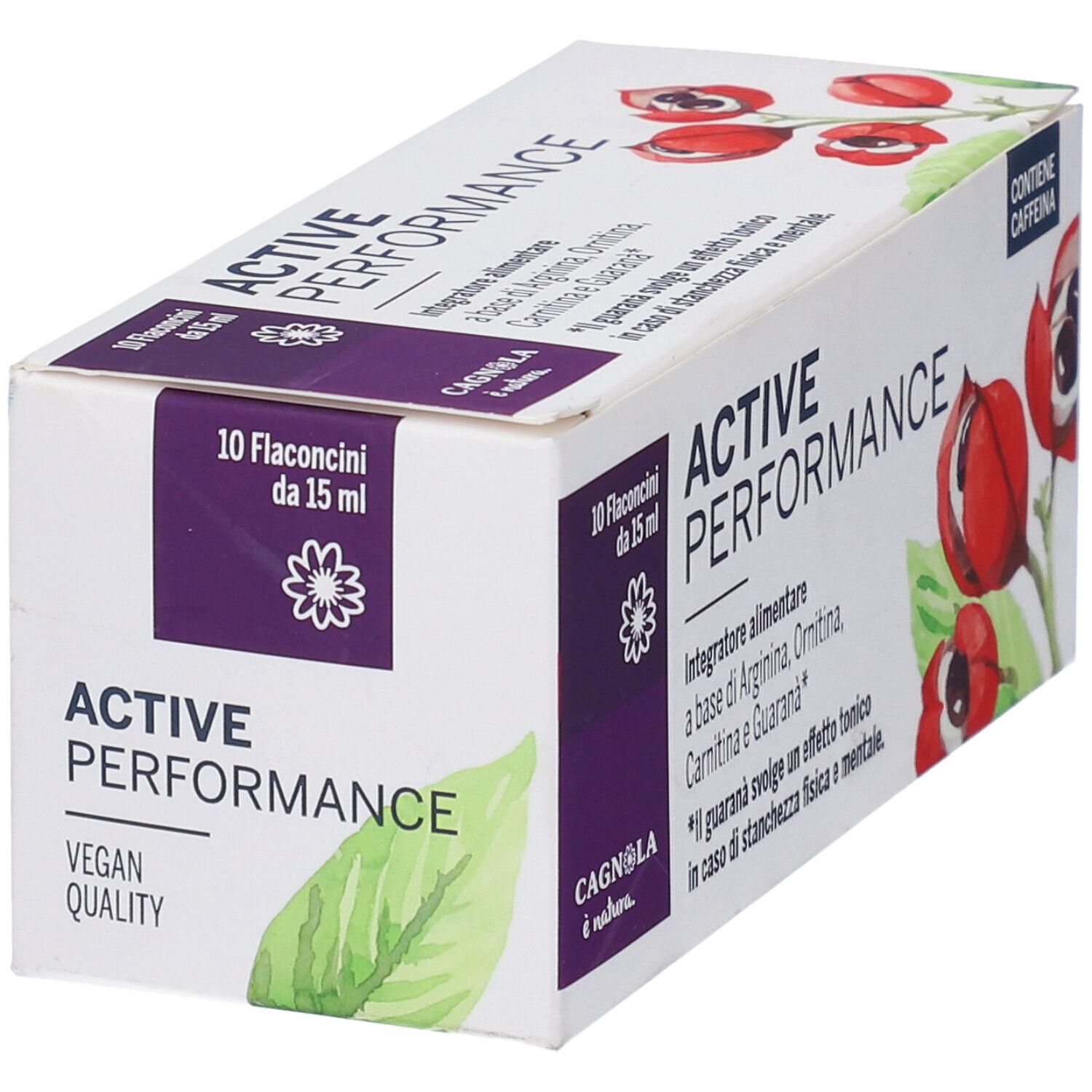 Confezione Active Performance, 10 flaconcini. Scritta: Vegan Quality. Contiene caffeina.