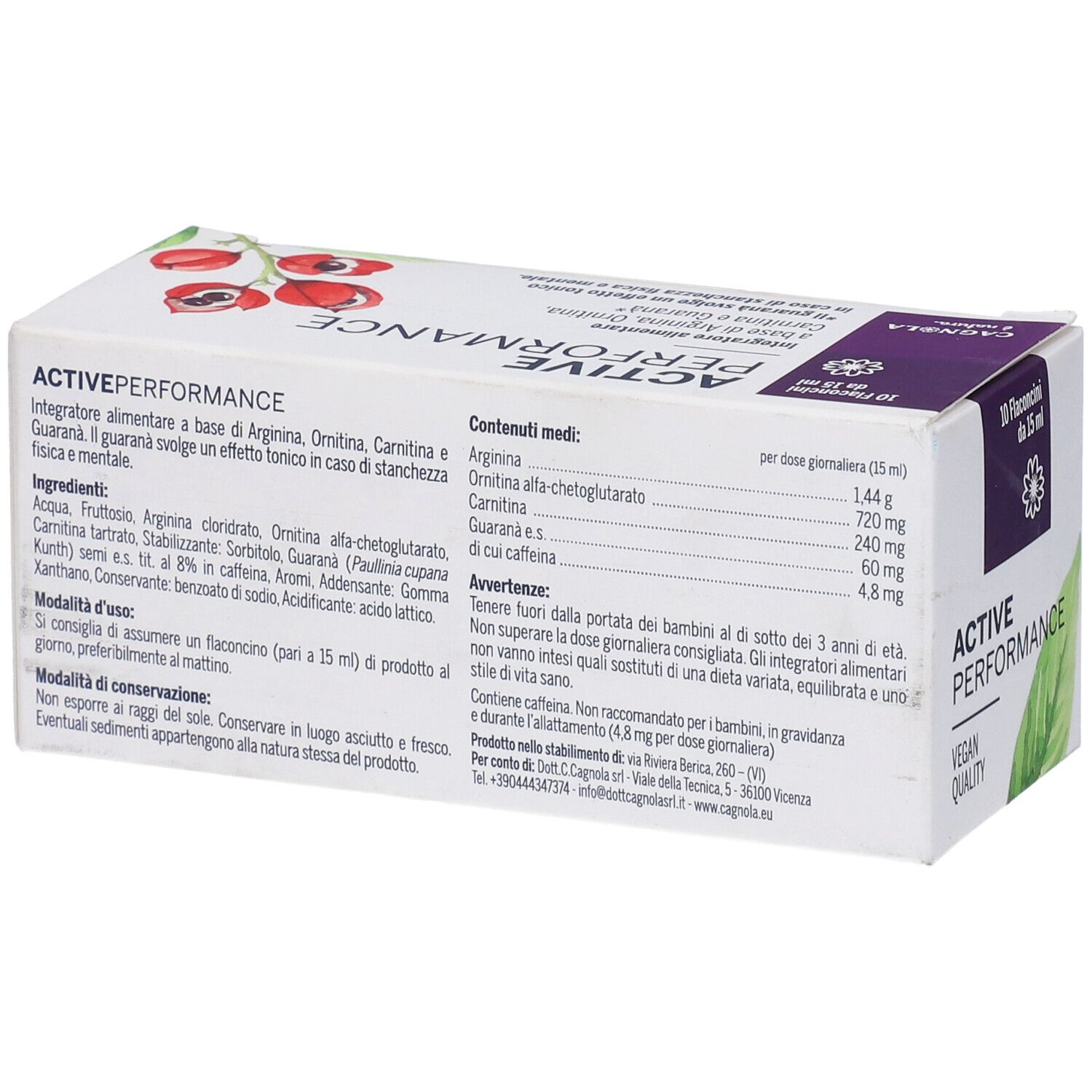 Retro confezione Active Performance. Ingredienti e informazioni nutrizionali. Vegan Quality.