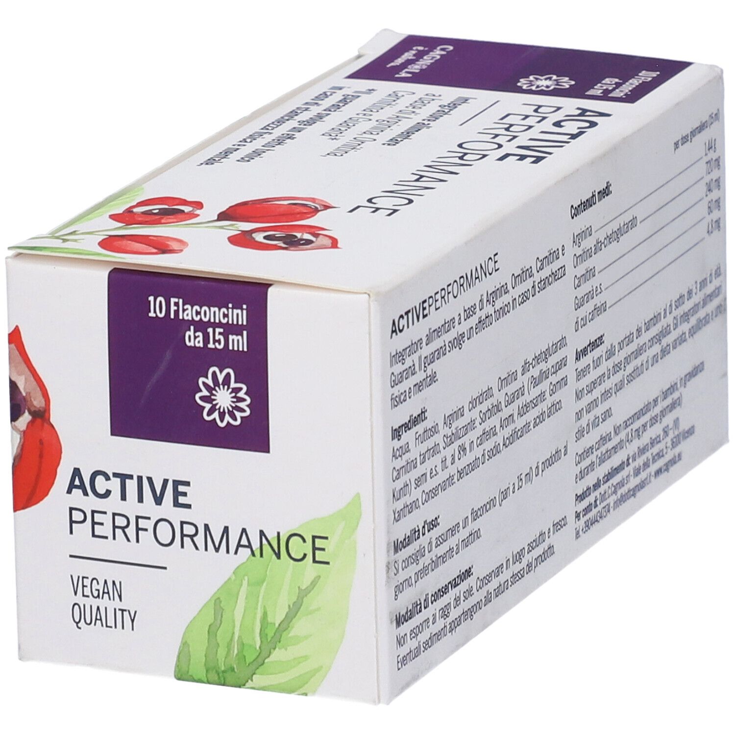 Retro confezione Active Performance. Ingredienti e informazioni nutrizionali. Vegan Quality.