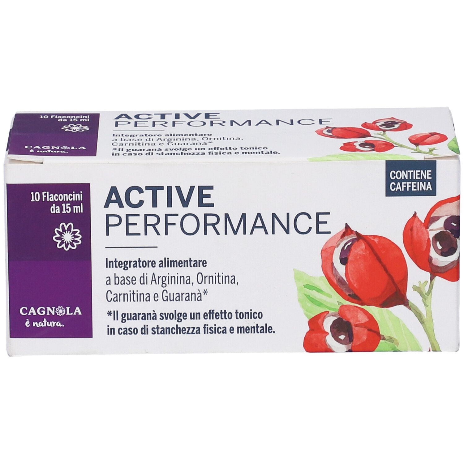 Confezione Active Performance, 10 flaconcini. Scritta: Contiene caffeina. Vegan Quality.