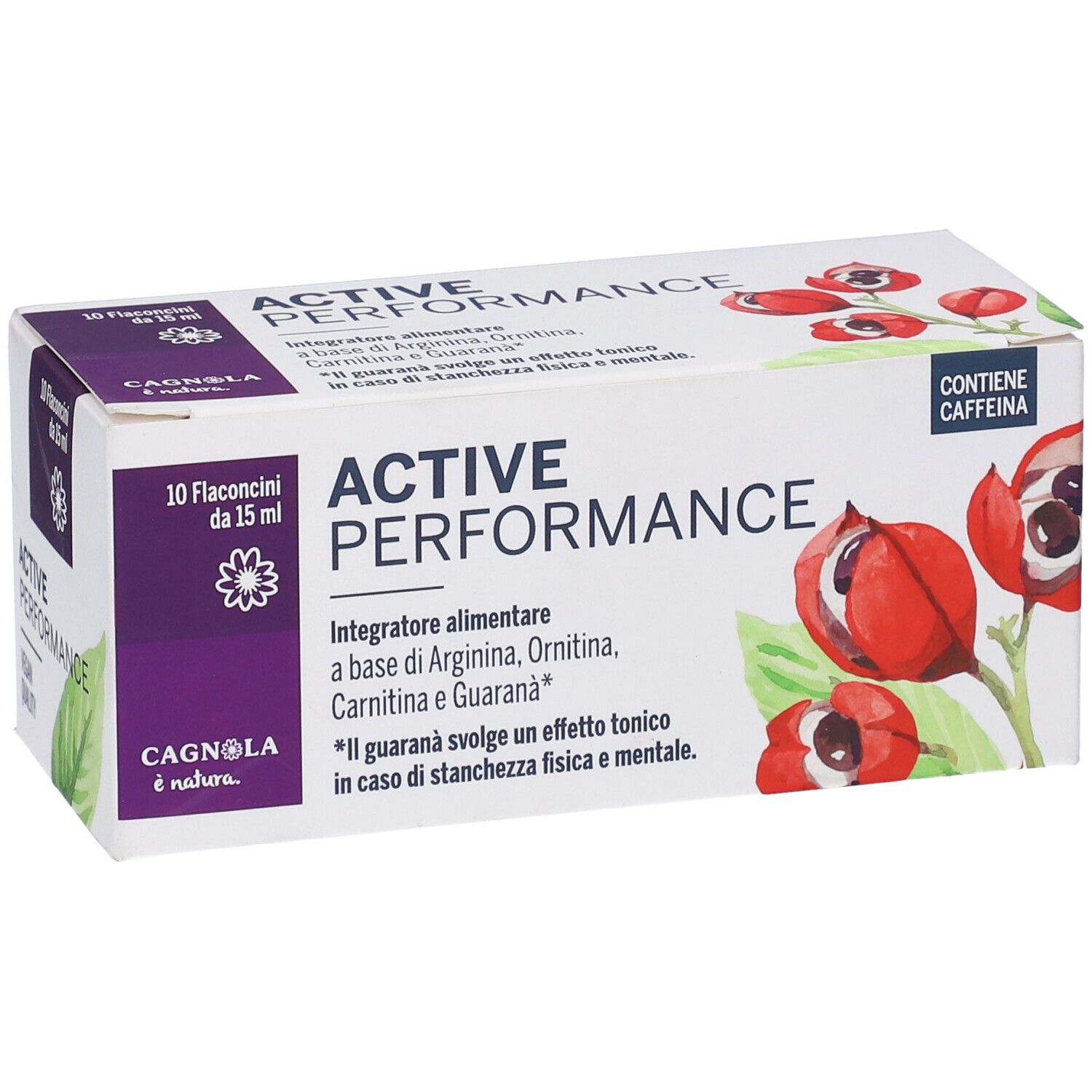 Confezione Active Performance, 10 flaconcini. Scritta: Contiene caffeina. Vegan Quality.