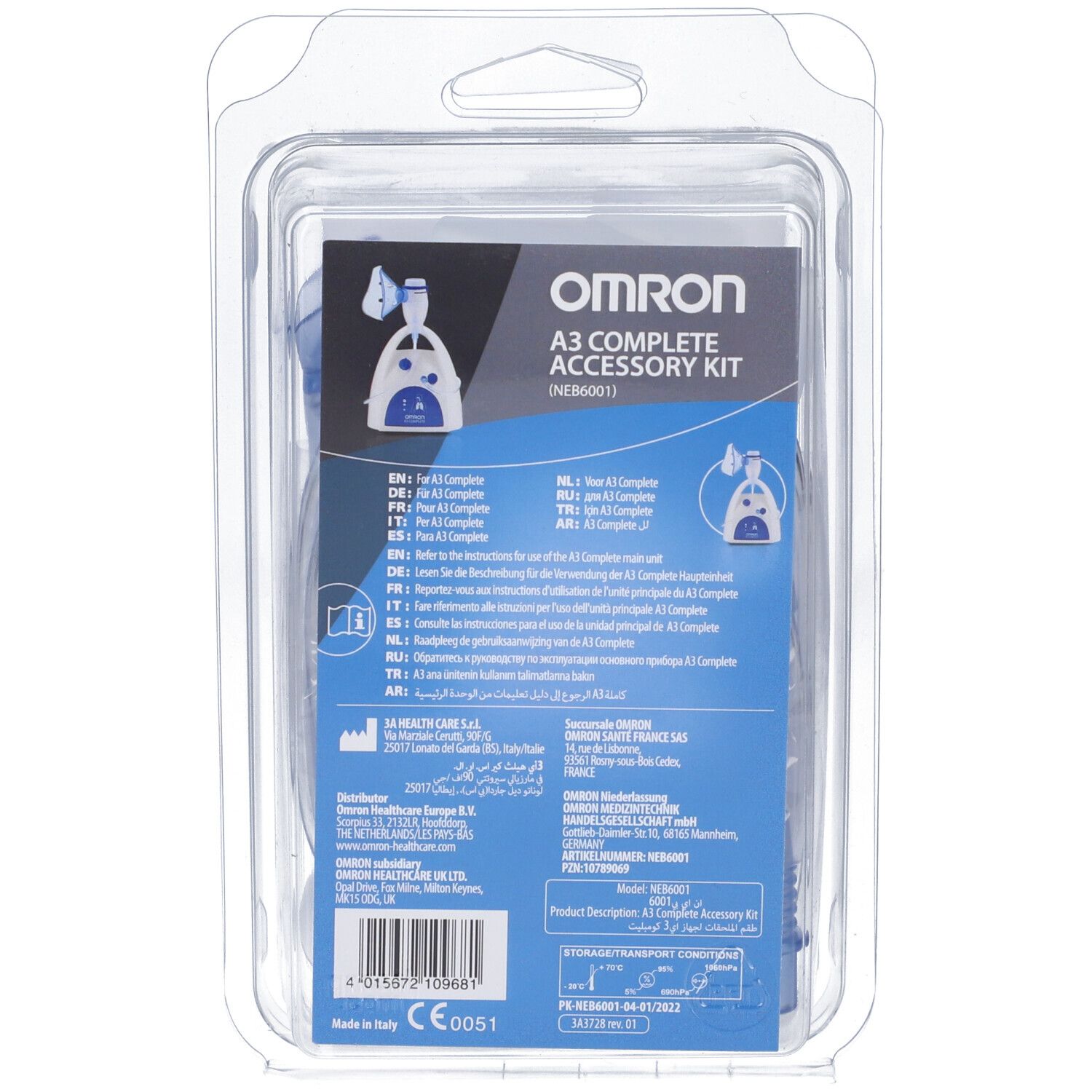 Retro del kit completo accessori OMRON A3 con informazioni sul prodotto e marchio CE.