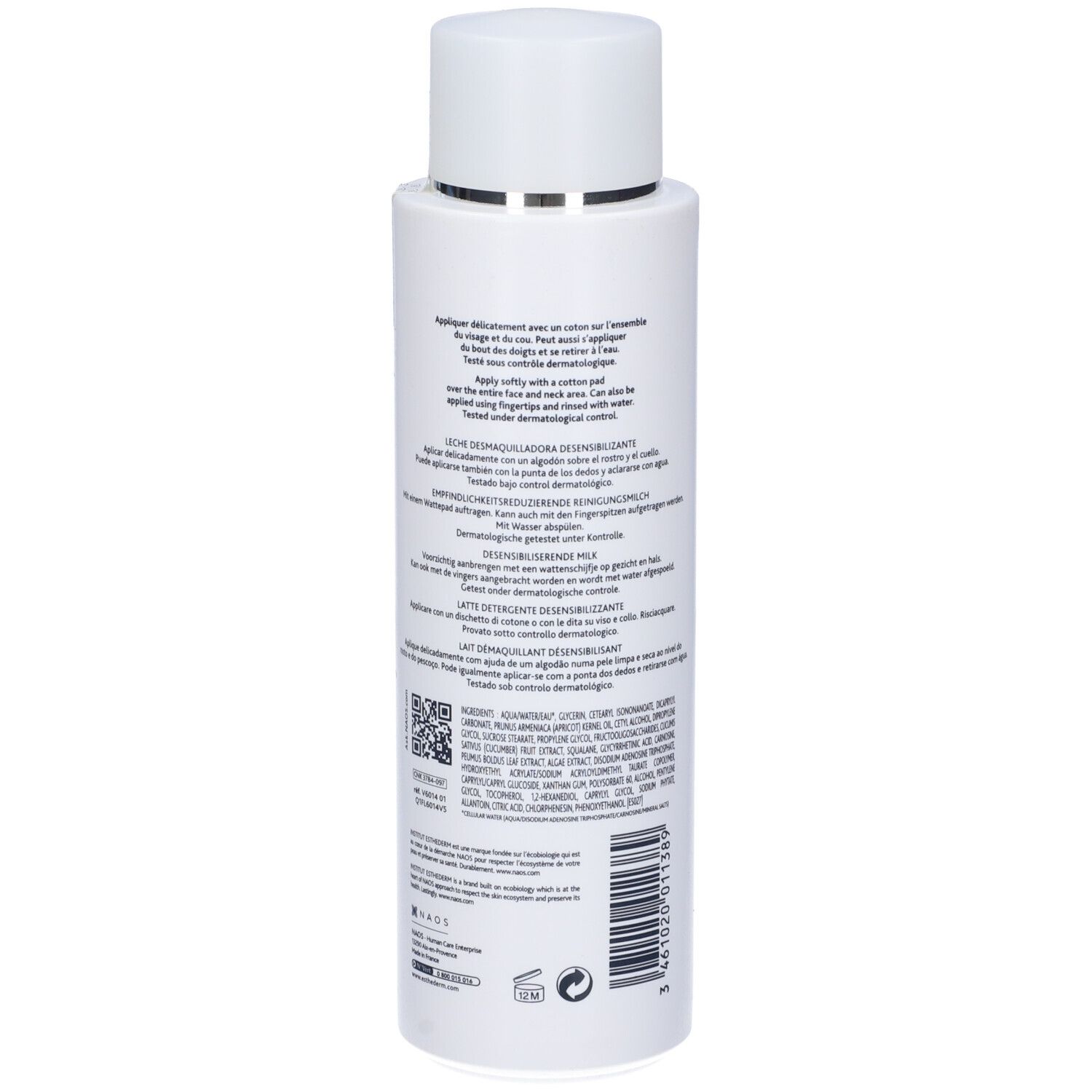 Flacone bianco con testo. Retro con informazioni sul prodotto e codice a barre. Tappo bianco.