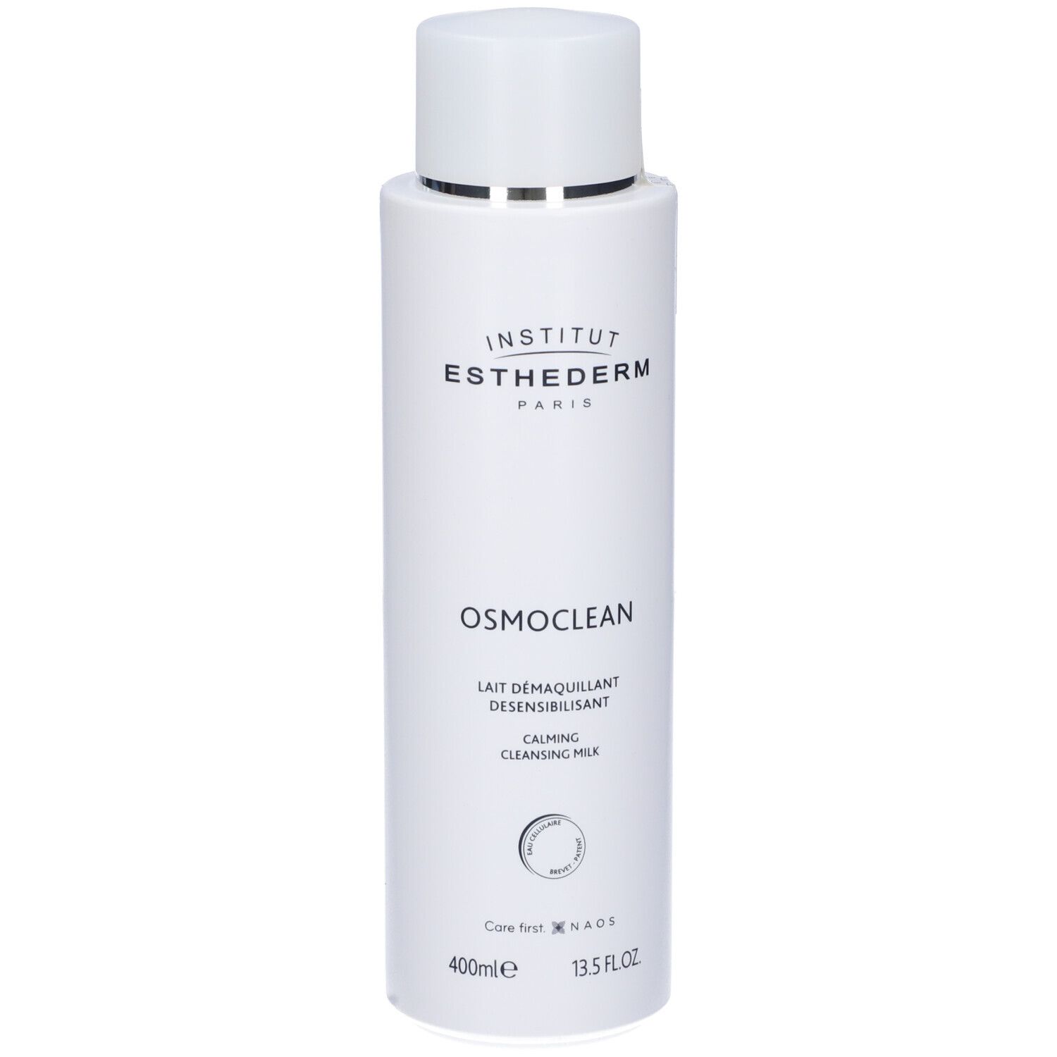 Flacone bianco con informazioni sul prodotto. Scritta: Institut Esthederm, Osmoclean, Lait Démaquillant Desensibilisant, 400ml.