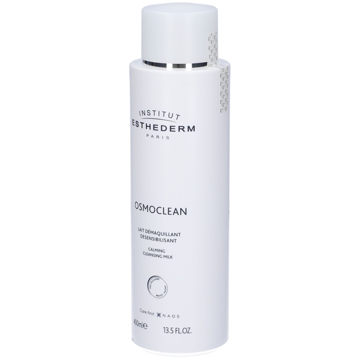 Flacone bianco con informazioni sul prodotto. Scritta: Institut Esthederm, Osmoclean, Lait Démaquillant Desensibilisant, 400ml.