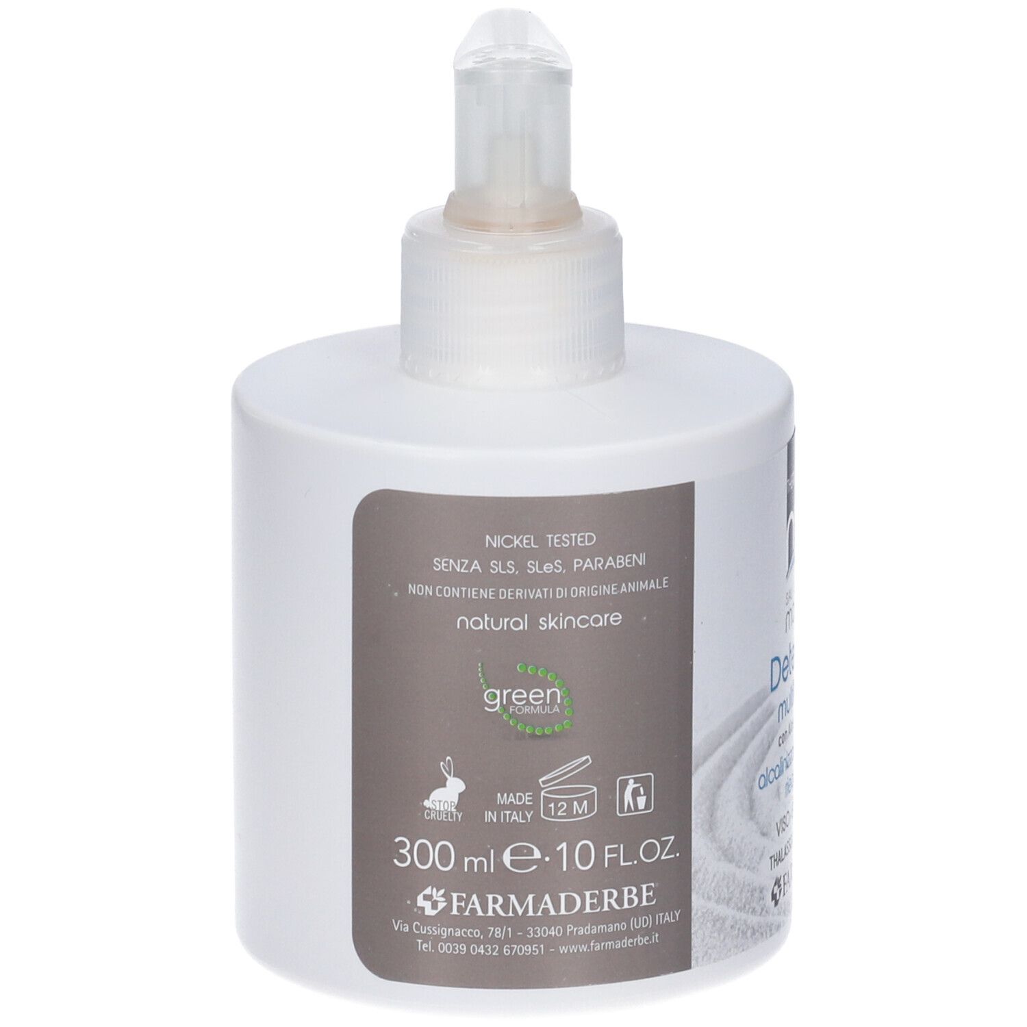 Dispenser bianco con pompa. Scritta: Nickel Tested, 300 ml, 10 FL.OZ. Marchio: Farmaderbe. Con logo Green Powder.