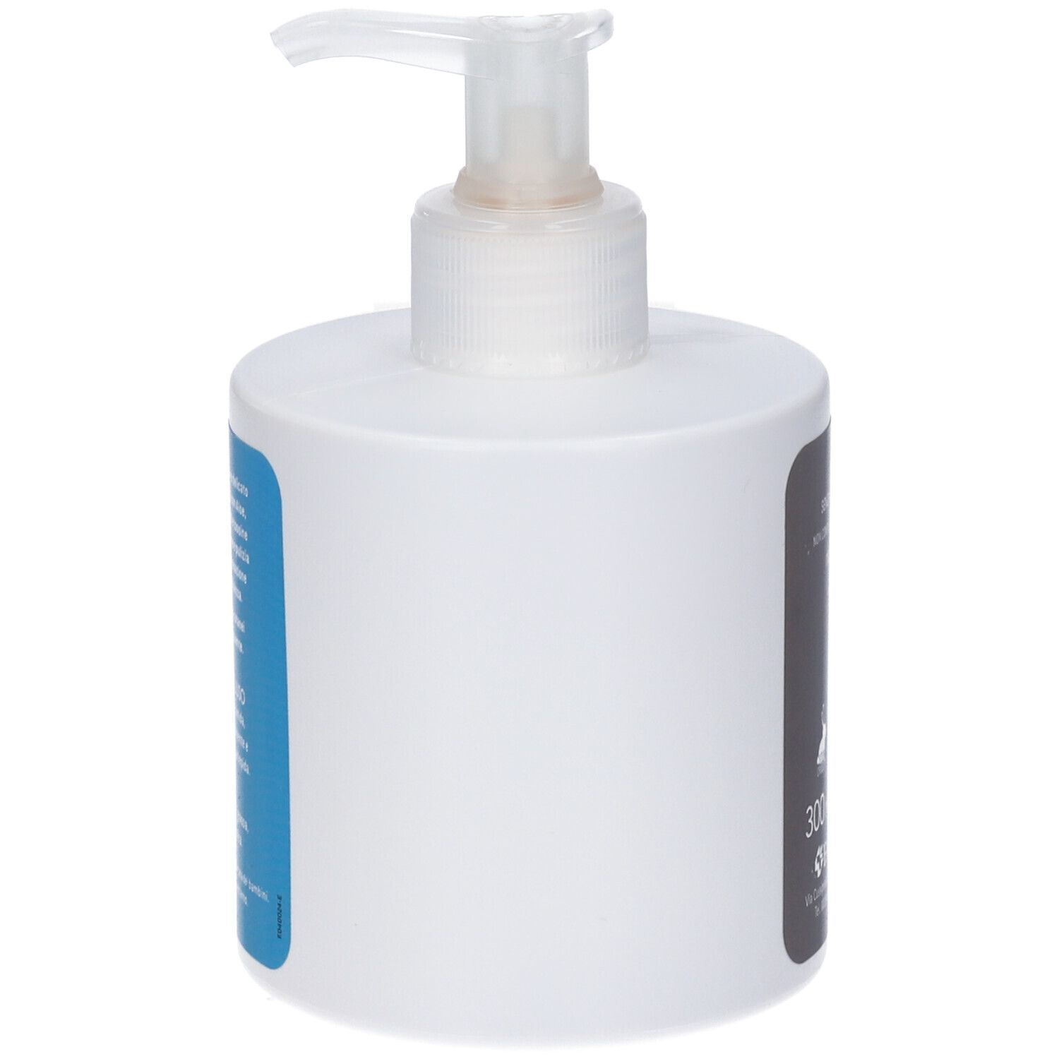 Dispenser bianco con pompa. Etichette blu e nere. Nessun altro dettaglio visibile.