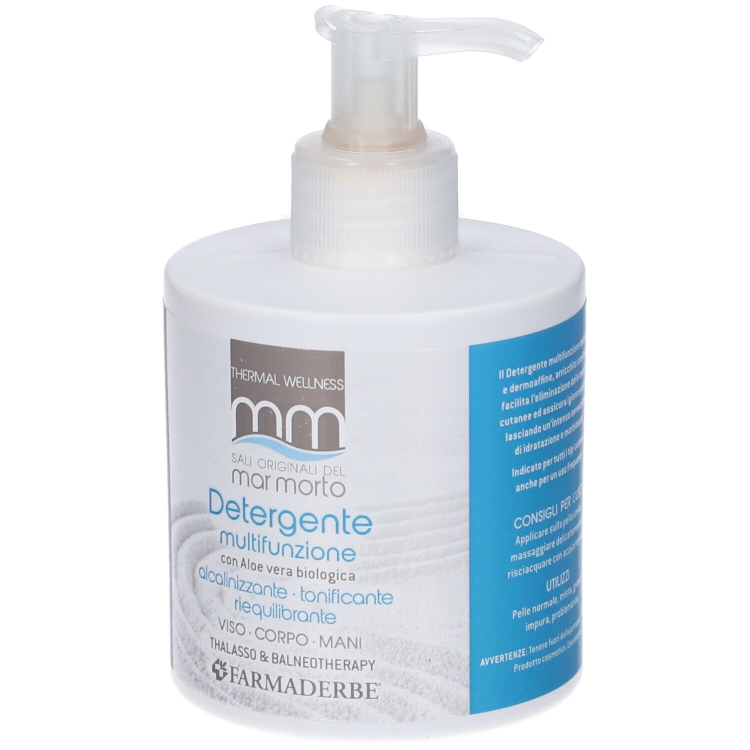 Dispenser bianco con pompa. Scritta: Detergente multifunzione, con Aloe vera. Marchio: Farmaderbe.