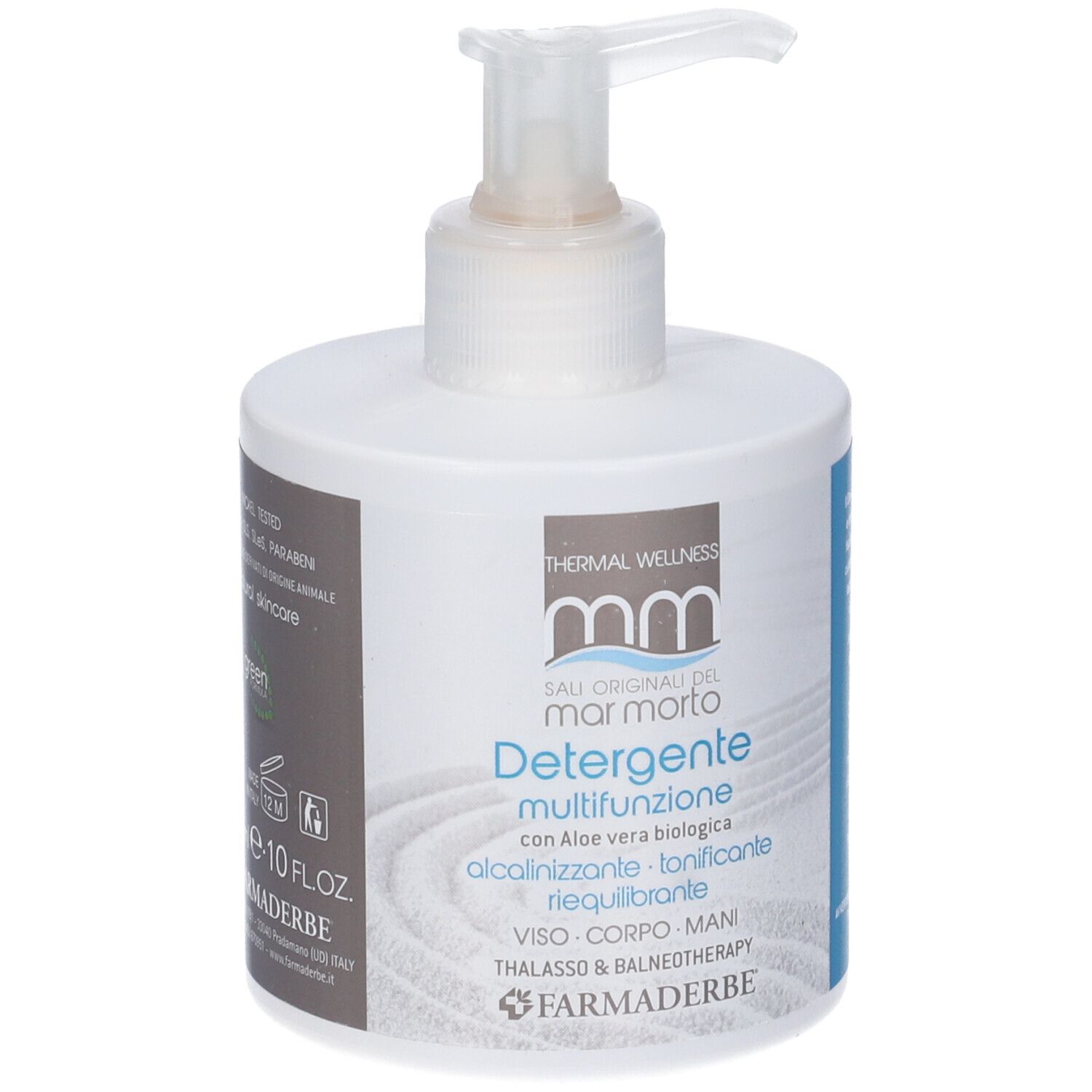 Dispenser bianco con pompa. Scritta: Detergente multifunzione, con Aloe vera. Marchio: Farmaderbe.