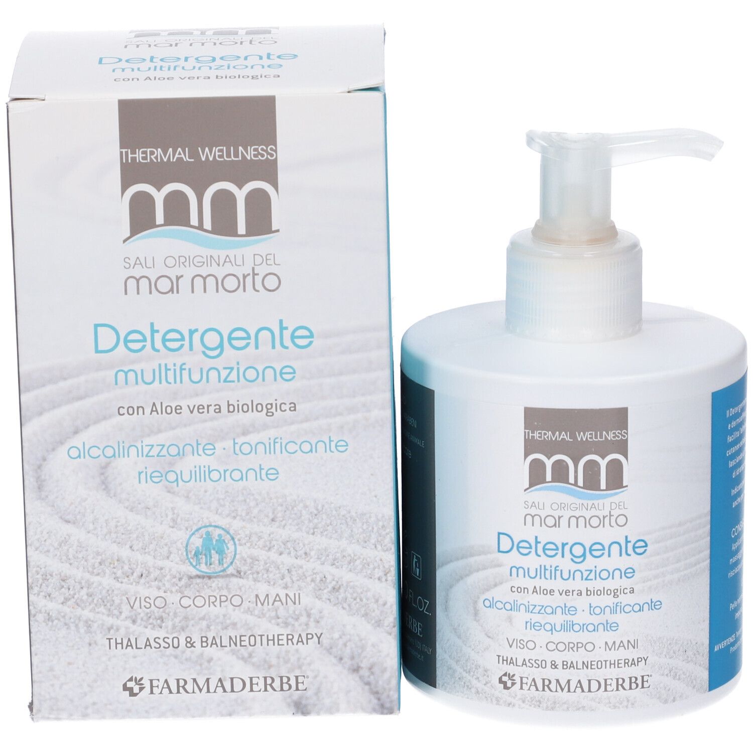 Prodotto e confezione. Dispenser bianco con pompa e scatola. Scritta: Detergente multifunzione, con Aloe vera.