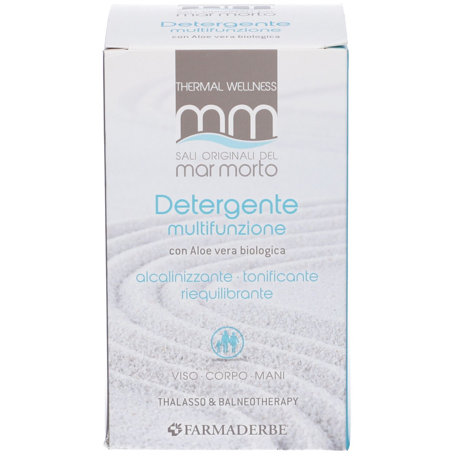 Scatola. Scritta: Detergente multifunzione, con Aloe vera. Marchio: Farmaderbe. Con logo per viso, corpo, mani.