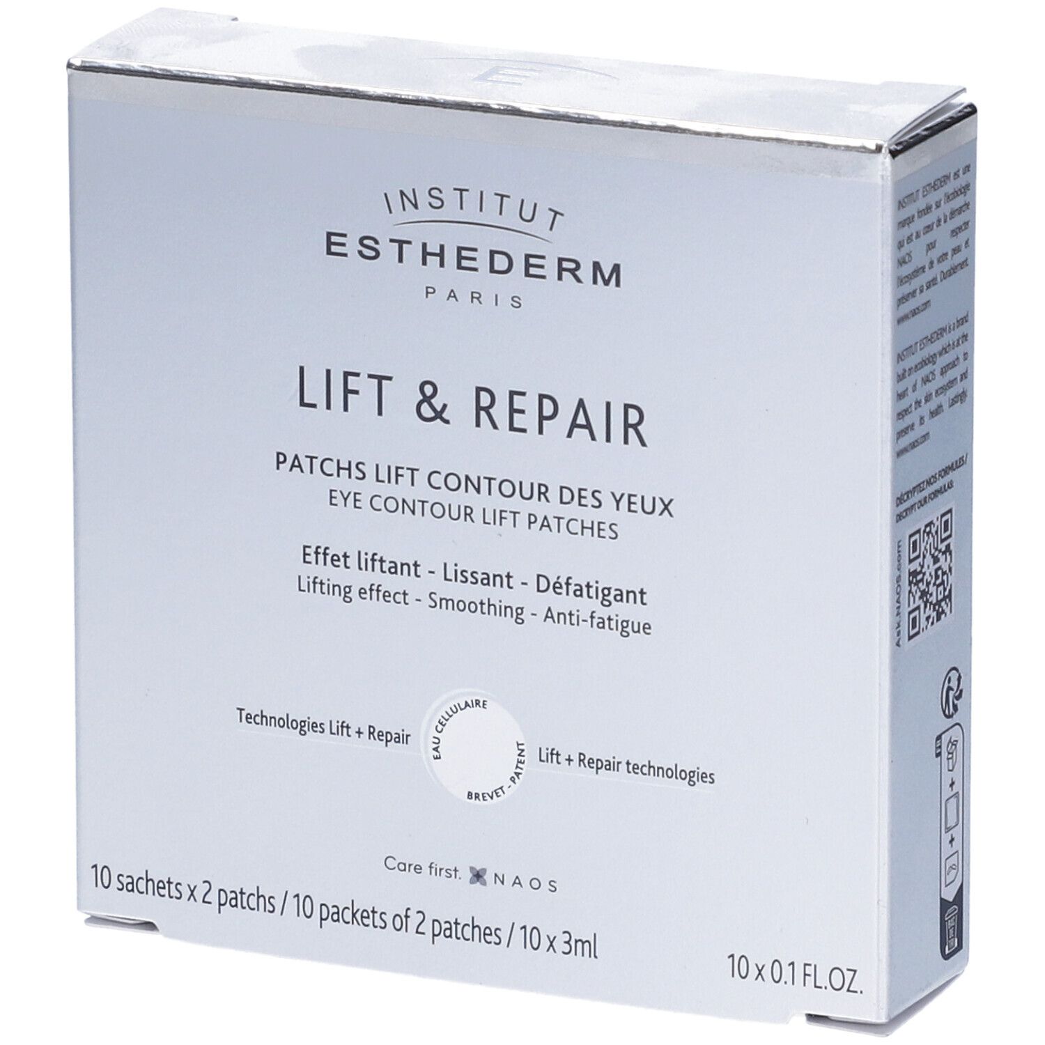 Scatola di patch occhi. Scritto: Institut Esthederm Paris, Lift & Repair. 10 x 0.1 FL.OZ.