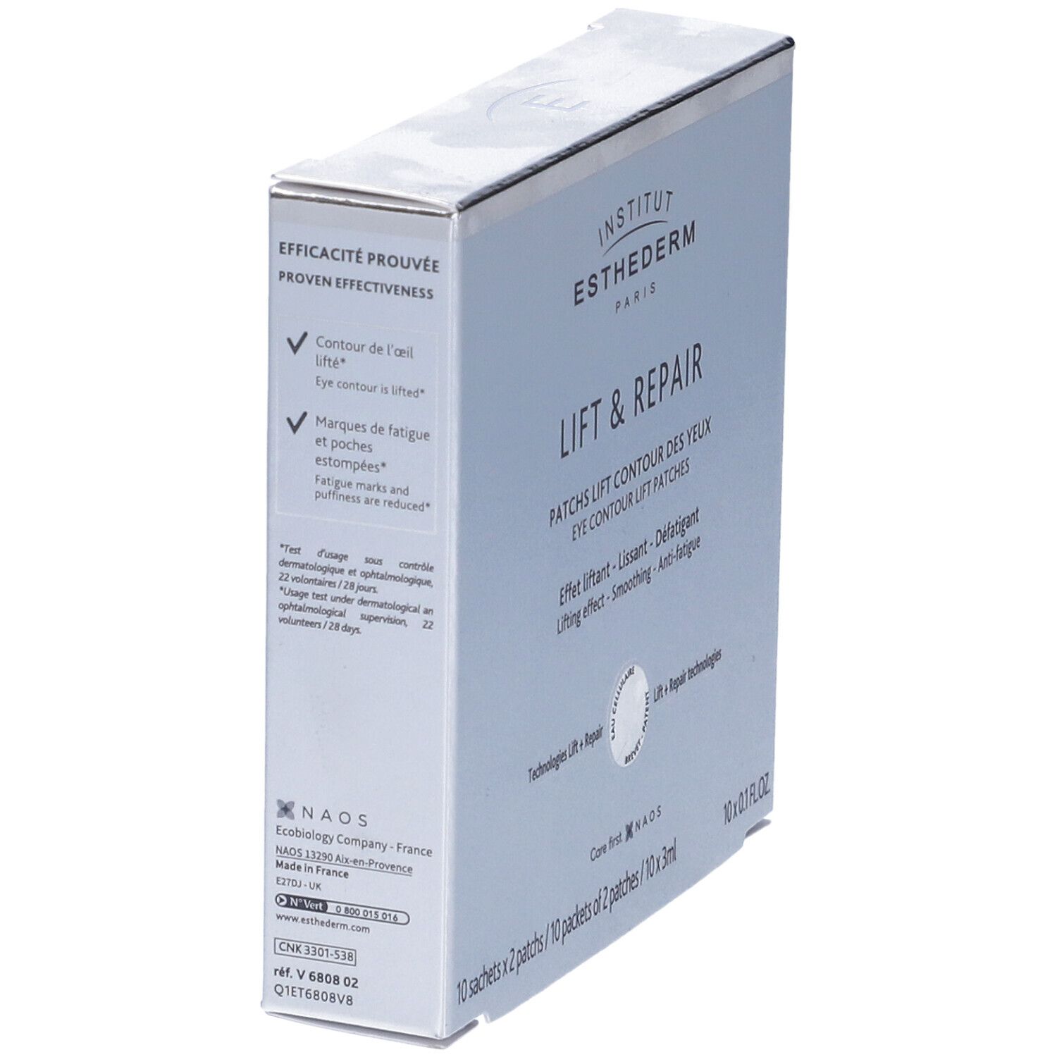 Scatola angolata. Scritto: Institut Esthederm Paris, Lift & Repair. Testo sull'efficacia. 10 x 0.1 FL.OZ.