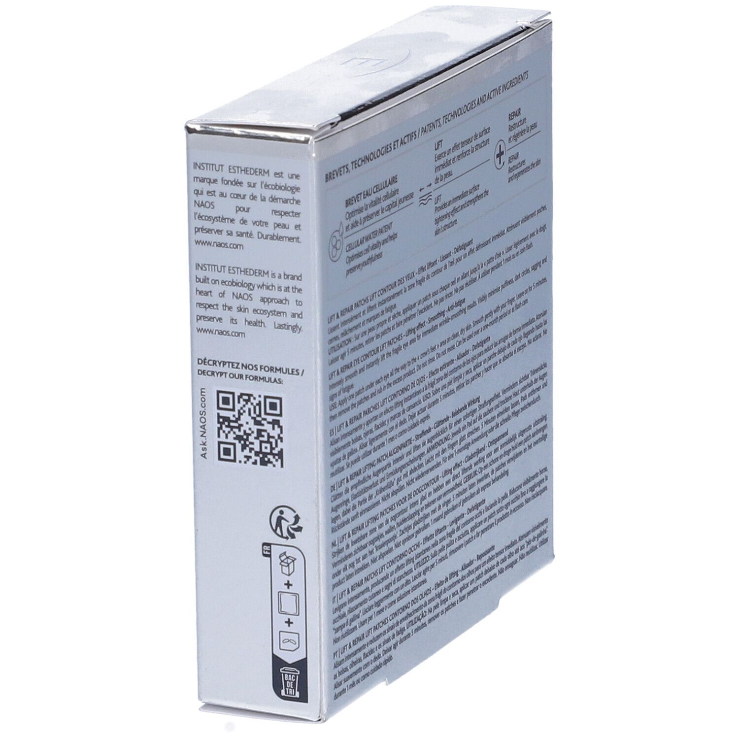 Scatola angolata. Testo e loghi. Codice QR. Informazioni sull'azienda.