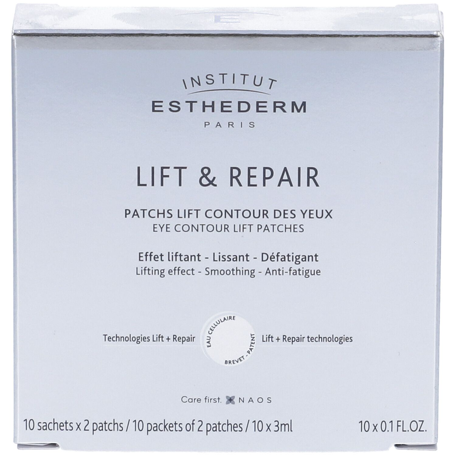 Scatola di patch occhi. Scritto: Institut Esthederm Paris, Lift & Repair. 10 x 0.1 FL.OZ.