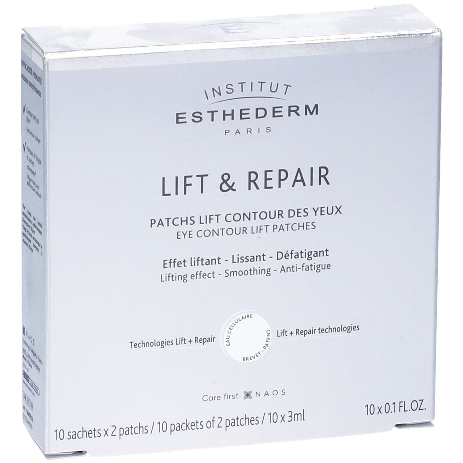 Scatola di patch occhi. Scritto: Institut Esthederm Paris, Lift & Repair. 10 x 0.1 FL.OZ.