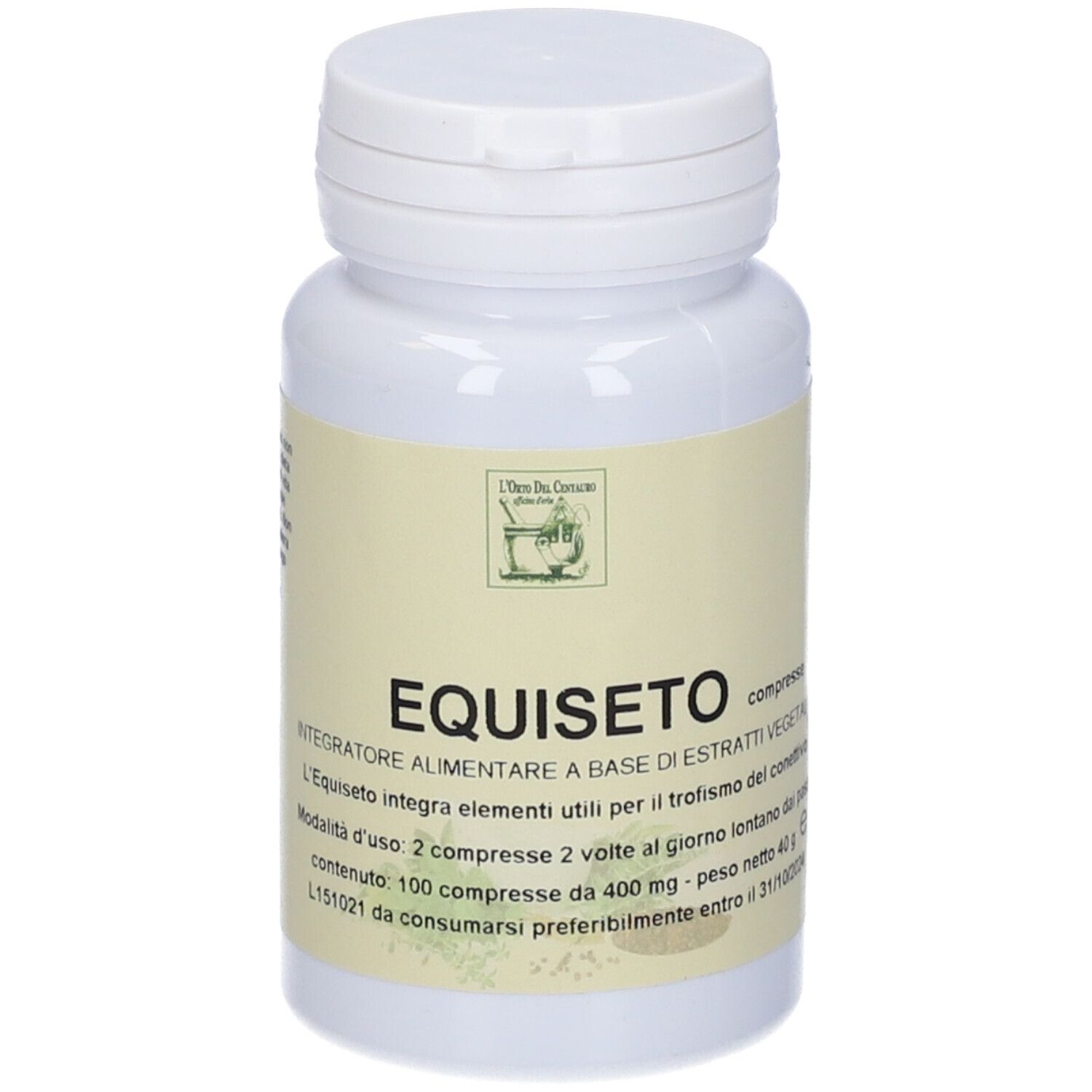 Flacone bianco di compresse con EQUISETO. Etichetta con informazioni sul prodotto.