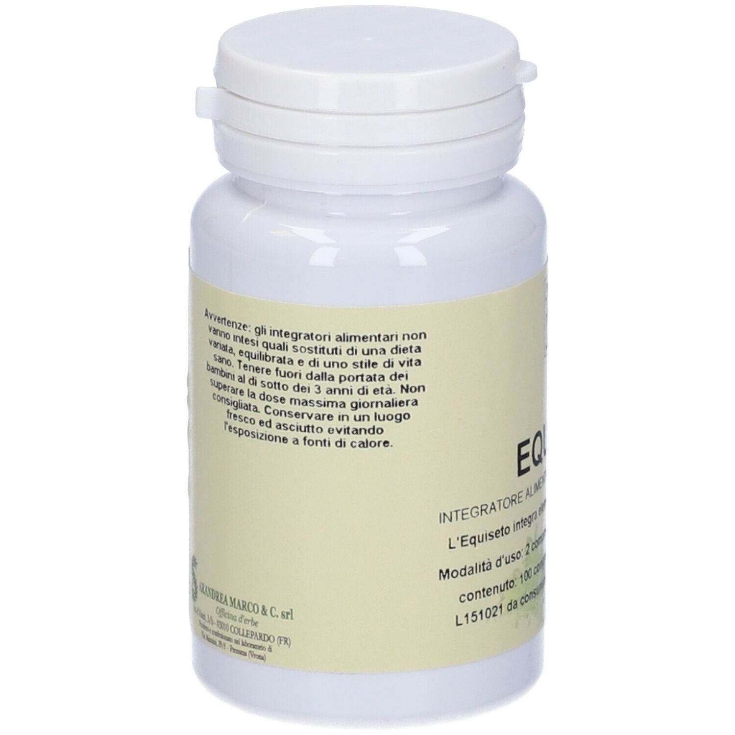 Flacone bianco di compresse con etichetta. Informazioni sul prodotto in italiano.