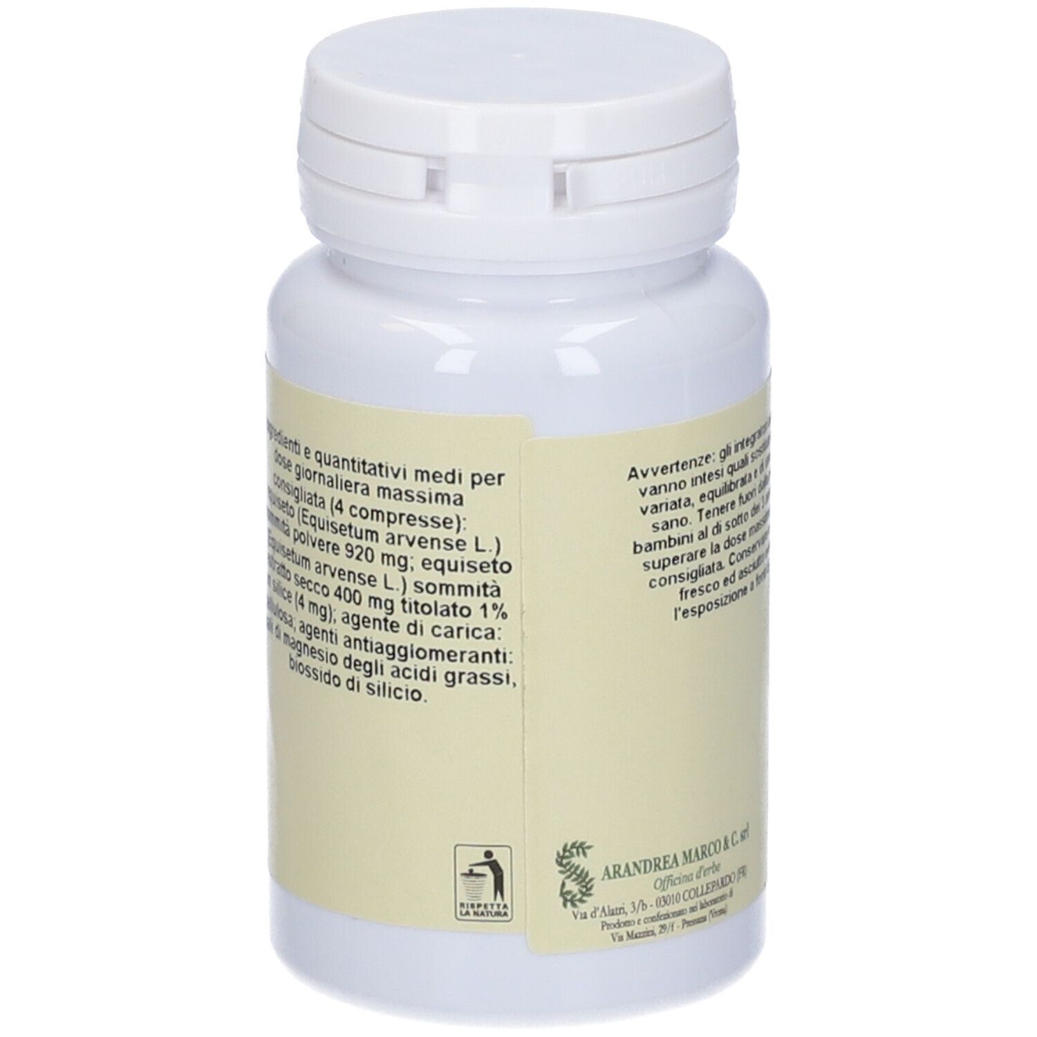 Flacone bianco di compresse con etichetta. Ingredienti e informazioni in italiano.