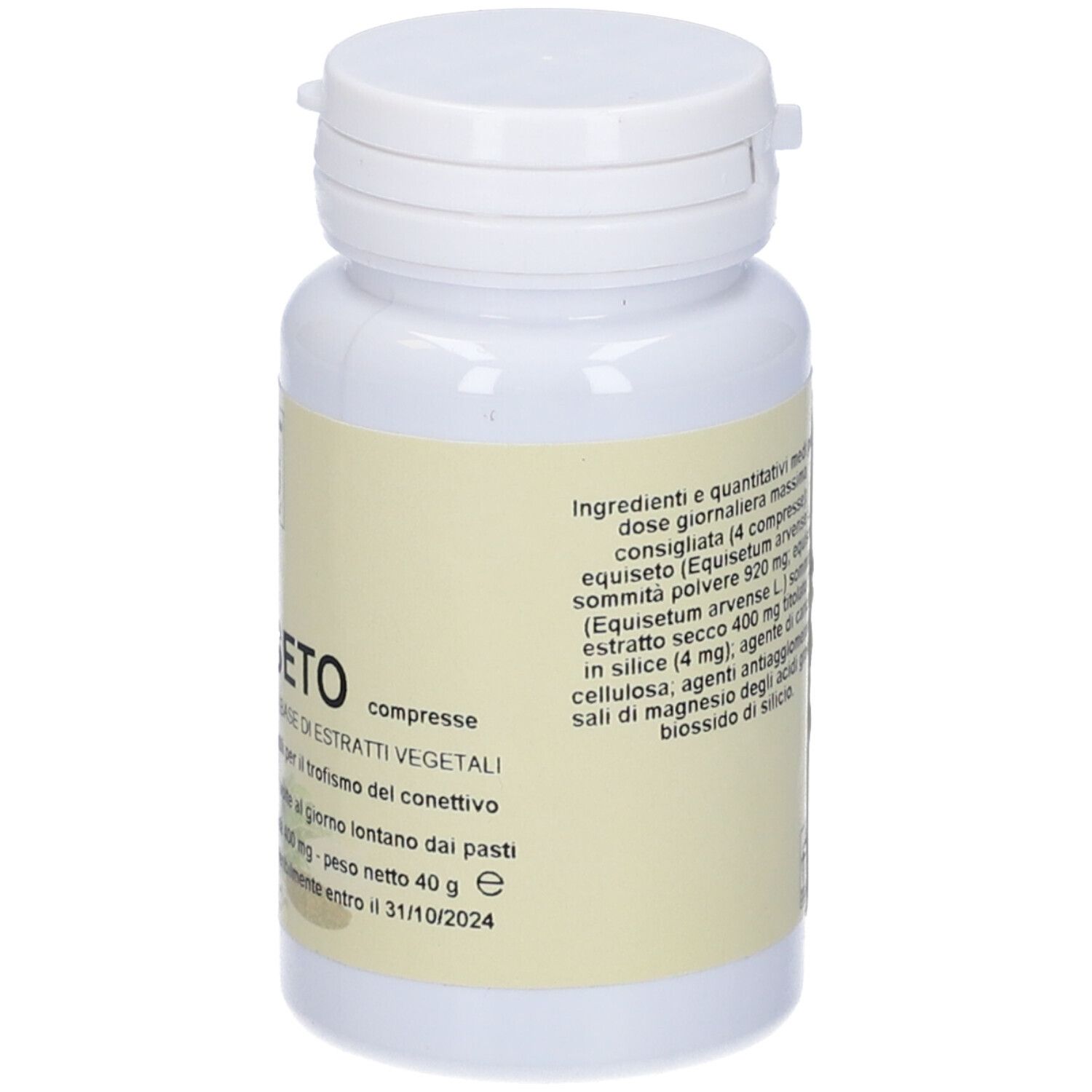 Flacone bianco di compresse con etichetta. Informazioni sul prodotto in italiano.